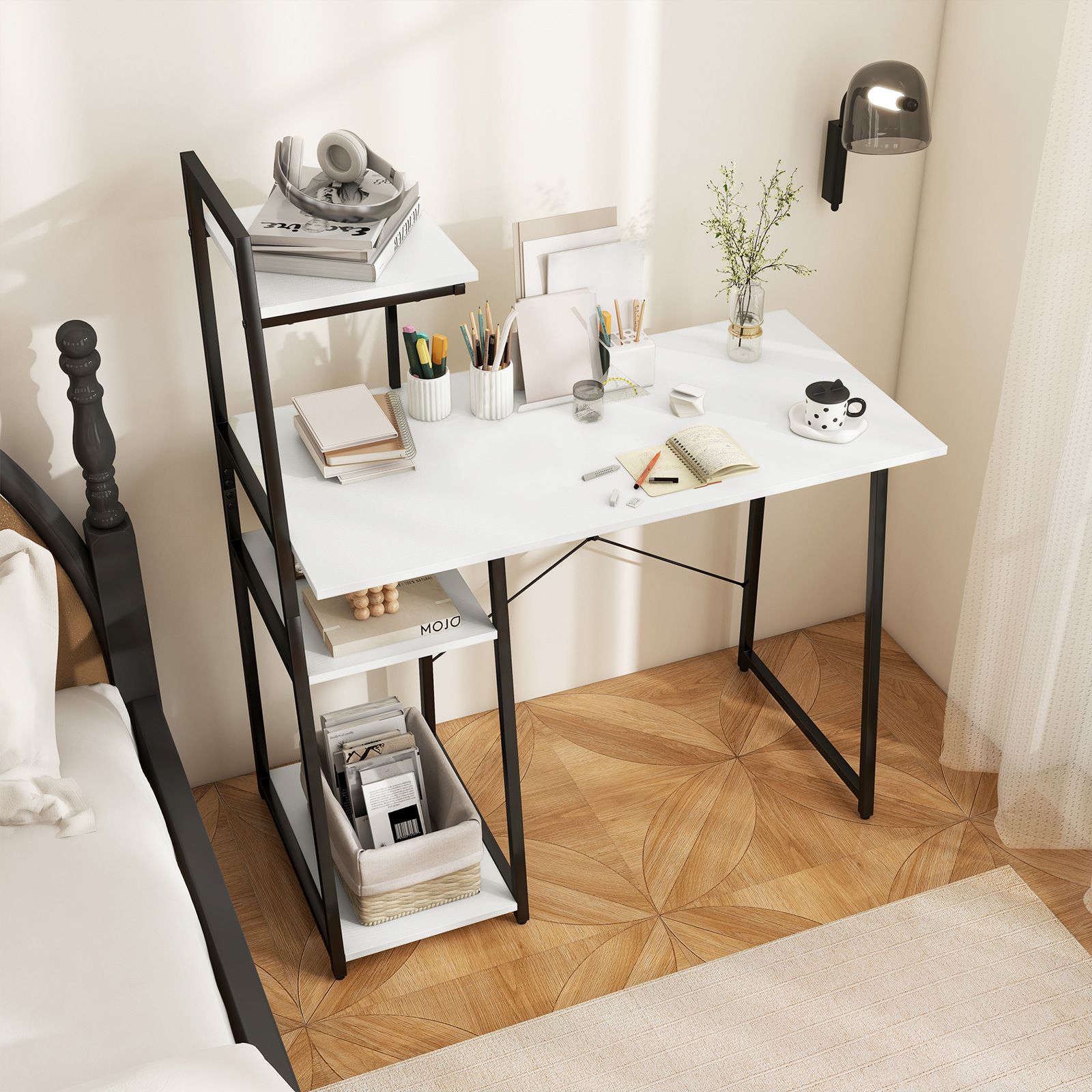 Costway Home Office Desk Computer Desk PC Laptop Table w/ Bookshelf & Host Stand in White