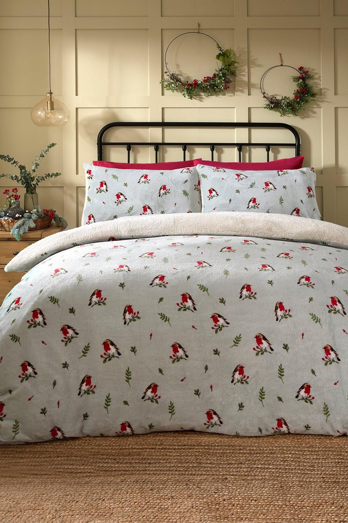 Dreams & Drapes 'Winter Robin' Plush Duvet Cover Set in Duck Egg Blue