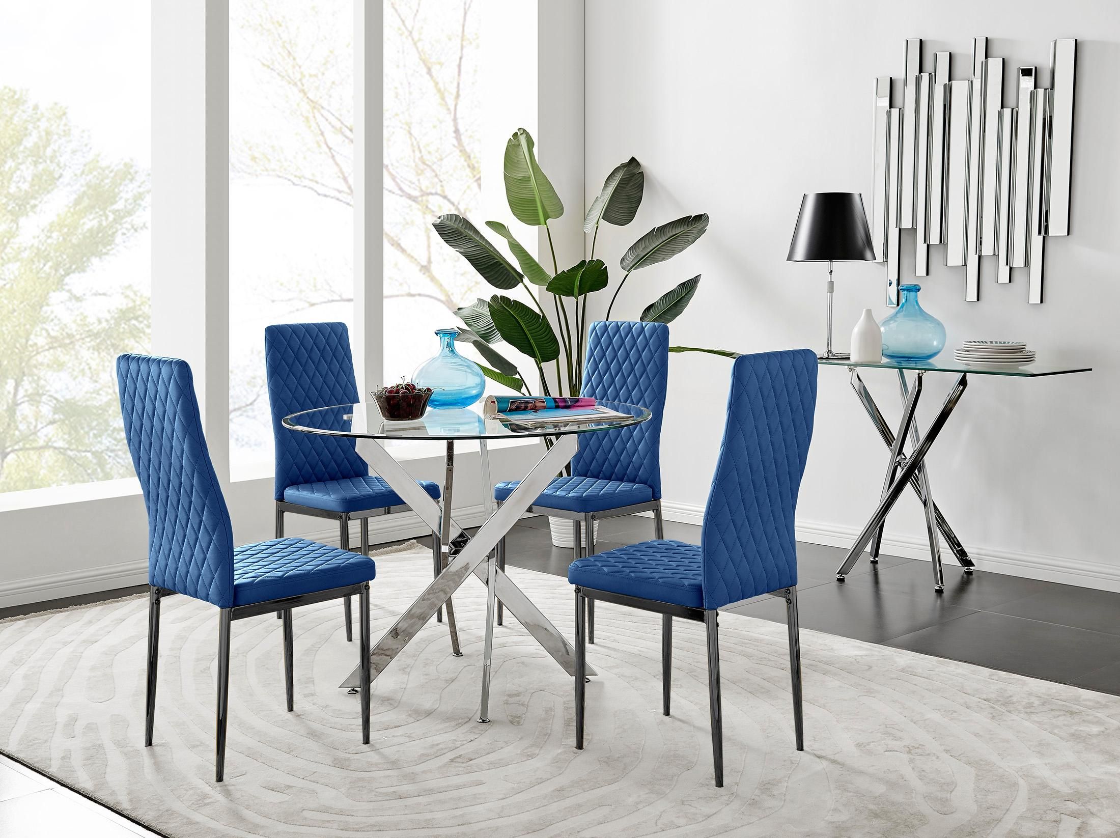 FurnitureboxUK Novara 100cm Round Dining Table & 4 Velvet Milan Black Leg Chairs in Navy