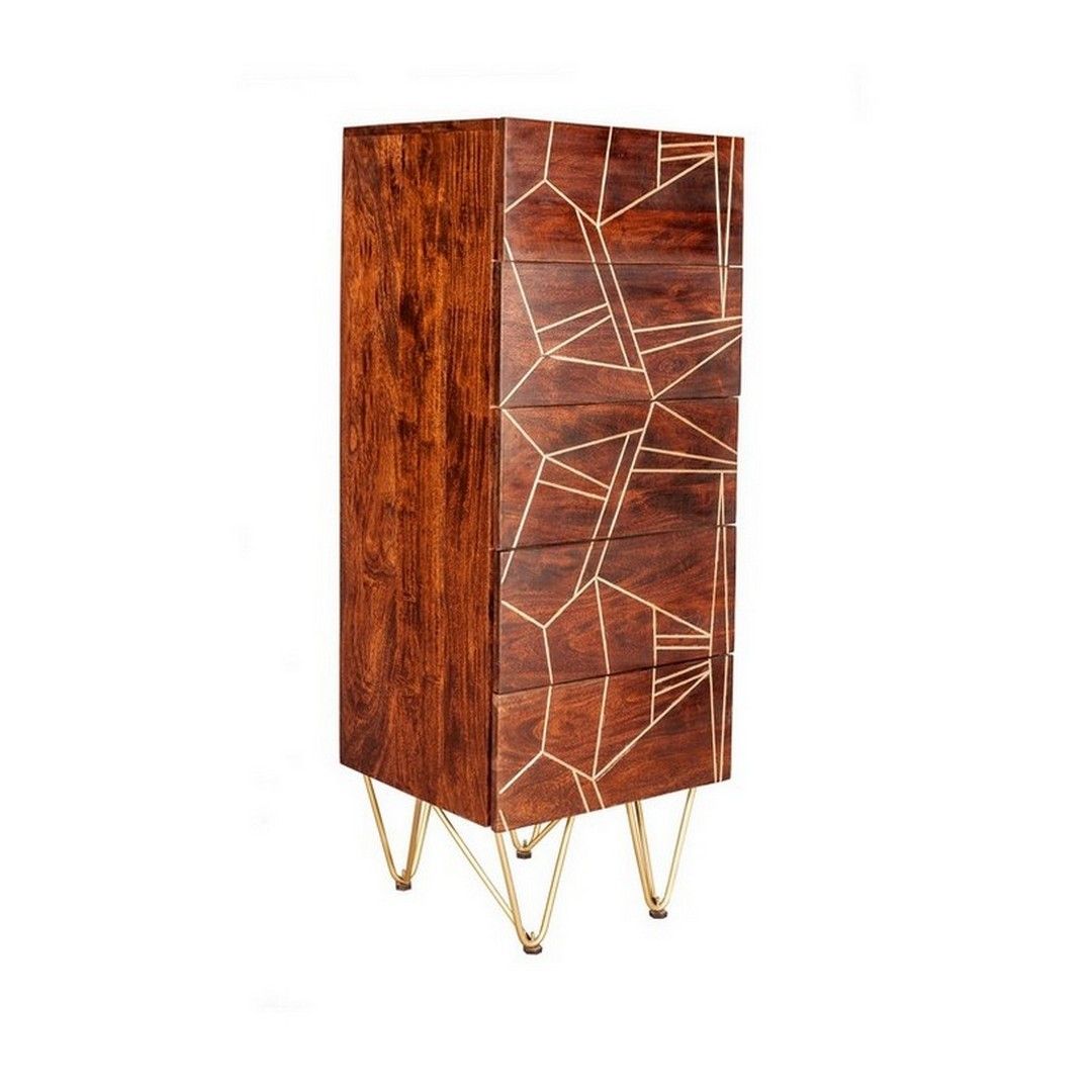 Indian Hub Dark Gold Tall Chest of Drawers - Solid Mango Wood - L40 x W45 x H120 cm in Brown