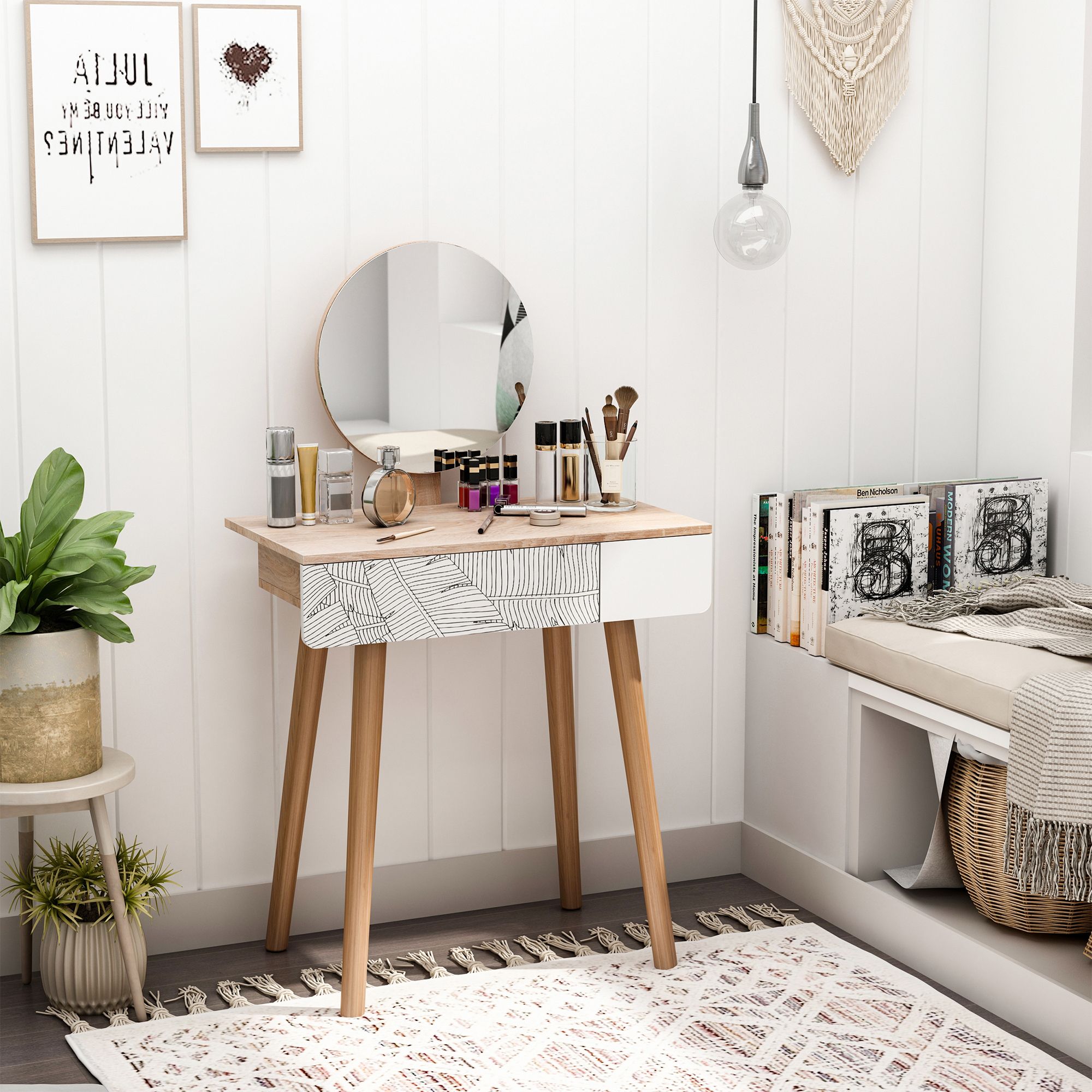 HOMCOM Wooden Compact Dressing Table Drawer Mirror 4 Legs Table Top Bedroom in Light Brown