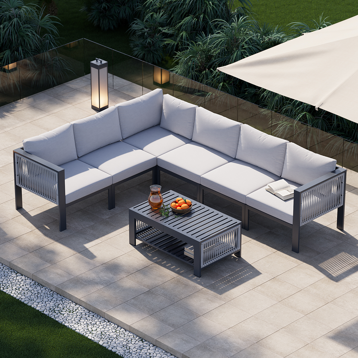Fencura 7-Piece Garden Aluminium & Rope Weave Modular Sectional Set in Light Grey