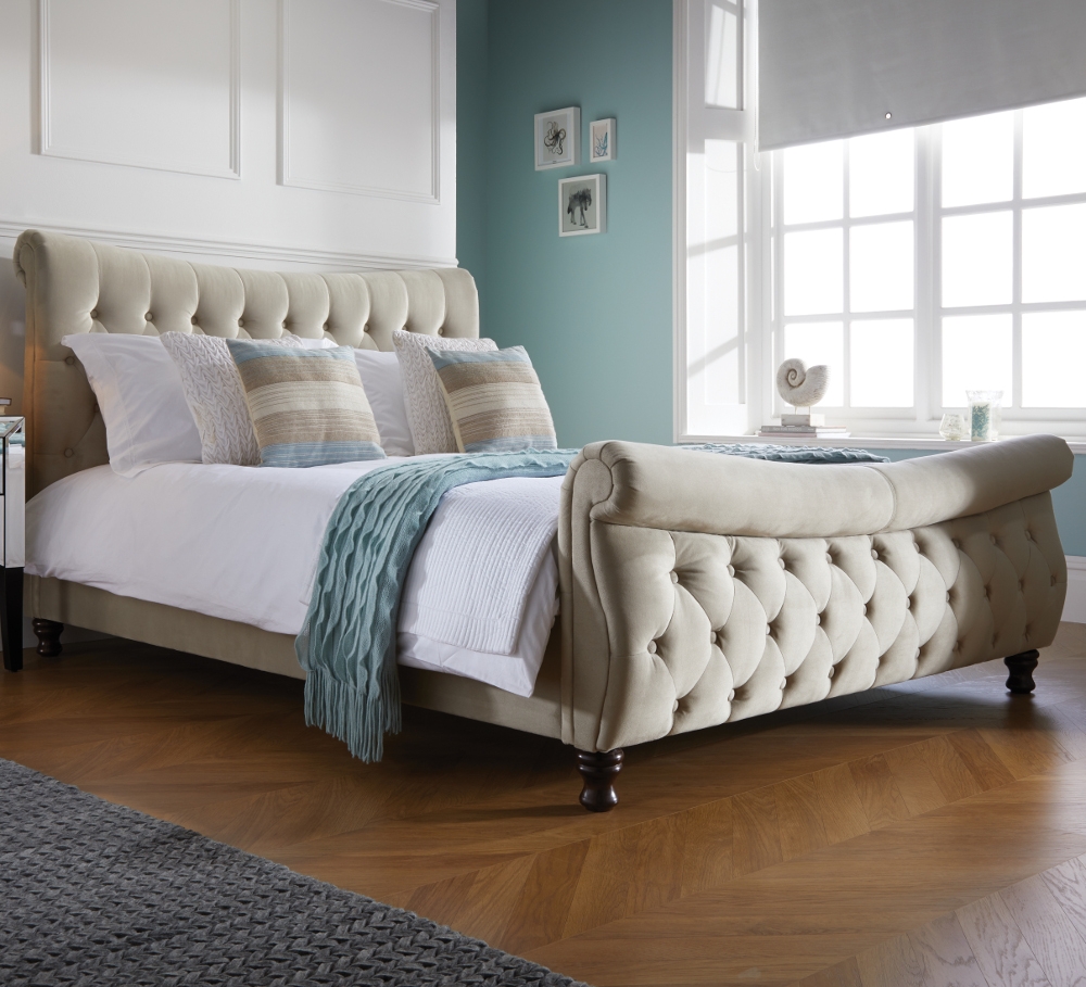 Copenhagen Warm Stone Fabric Scroll Sleigh Bed - 6ft Super King Size