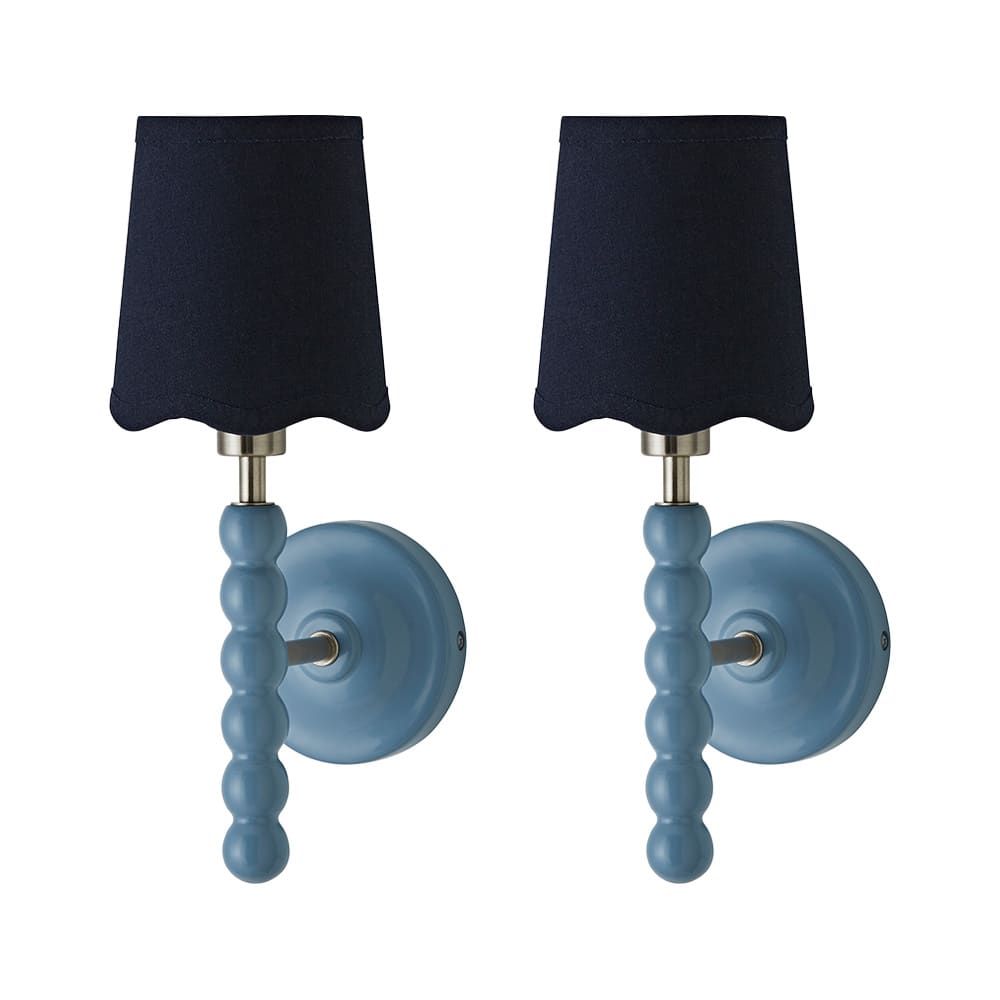 ValueLights Bobbins Pair of Blue Wall Lights & Navy Trim Lamp Shades & Bulbs in Pale Blue
