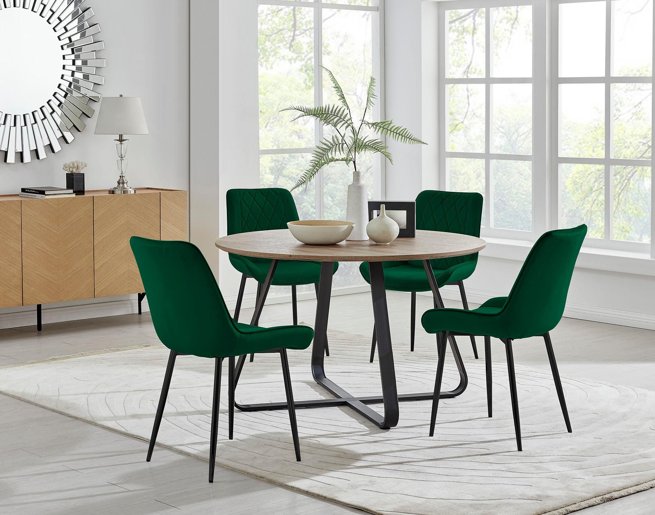 FurnitureboxUK Santorini Brown Round Dining Table & 4 Pesaro Black Leg Chairs in Green