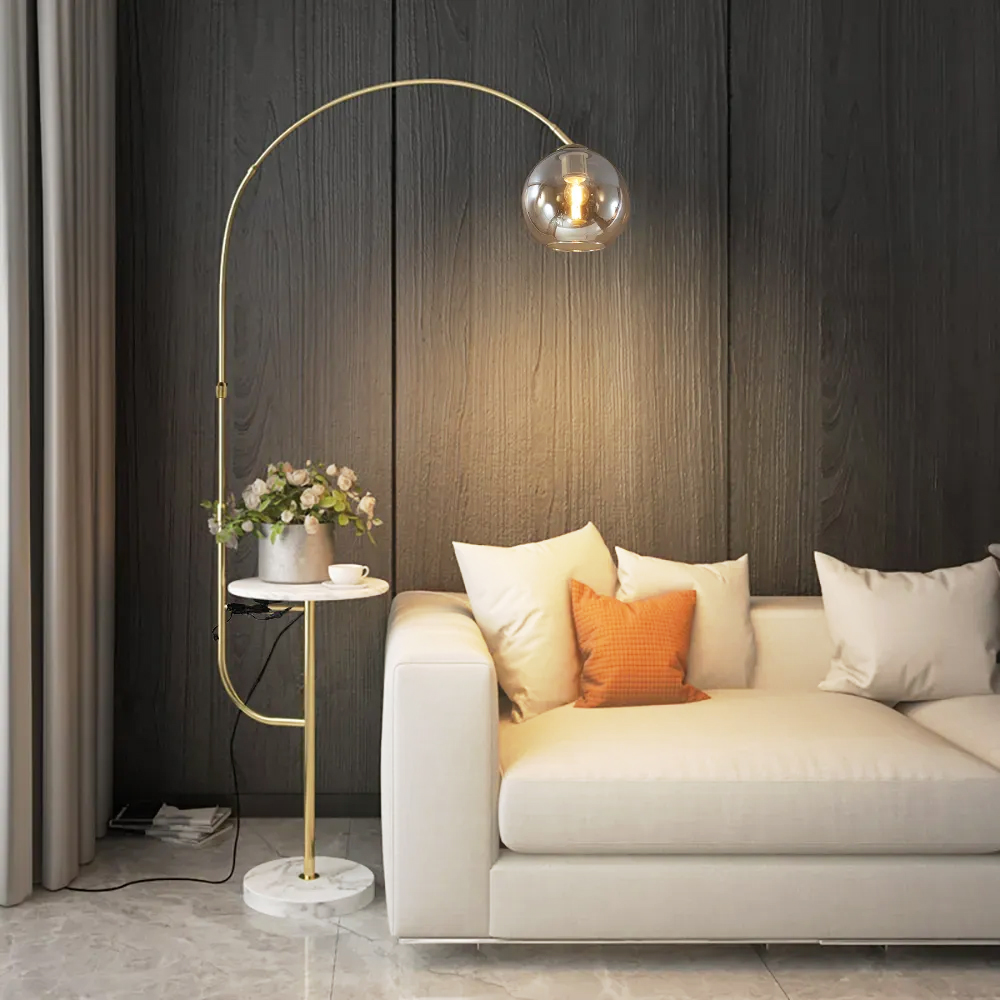 Modern Gold Arc Floor Lamp for Living Room with Shelf & Wireless Charger & USB