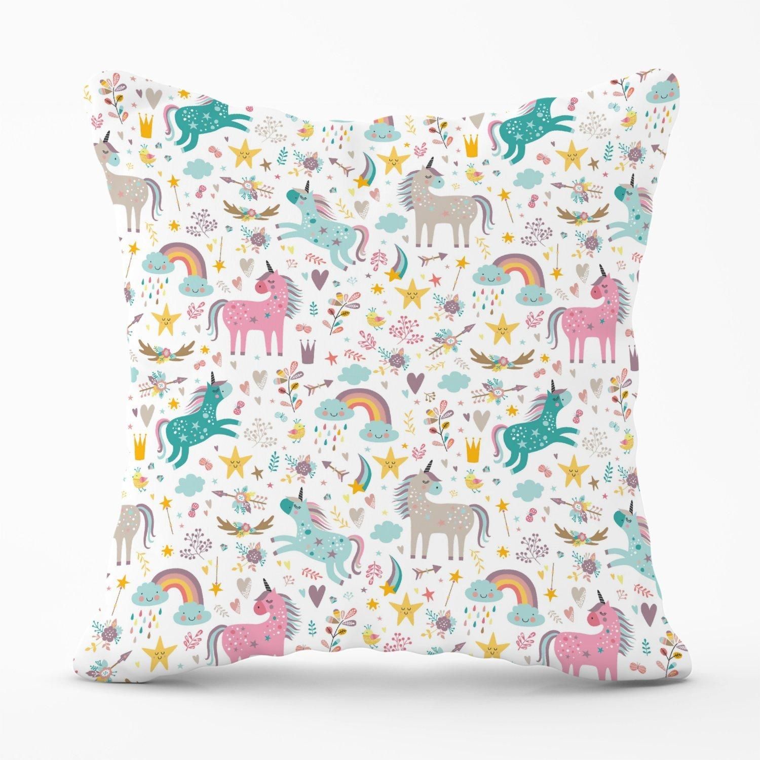Warren Reed - Designer Unicorn & Rainbows Outdoor Cushion in Blue