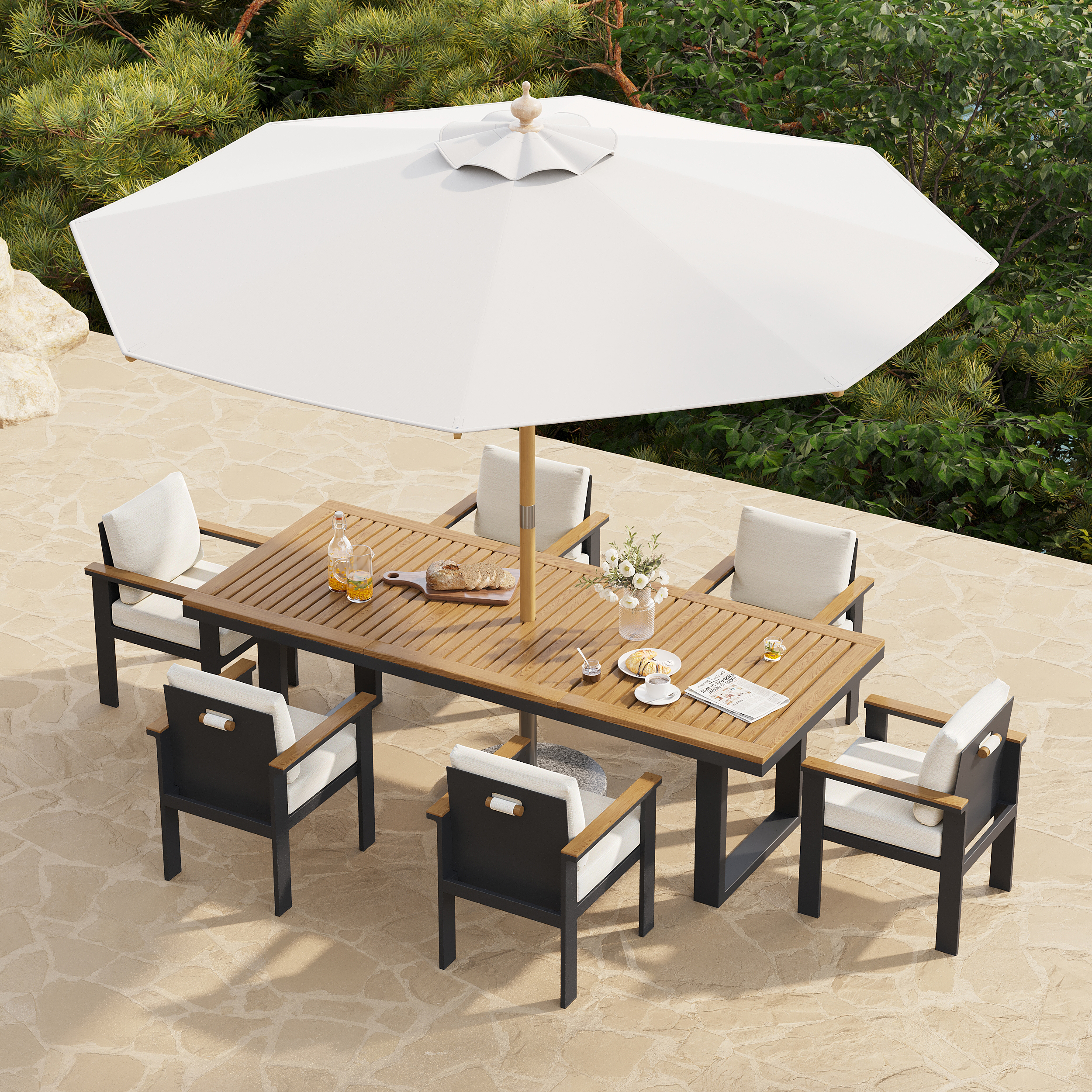 8 Pieces Rectangle Wood & Aluminium Outdoor Patio Dining Set with Central Pillar Umbrella