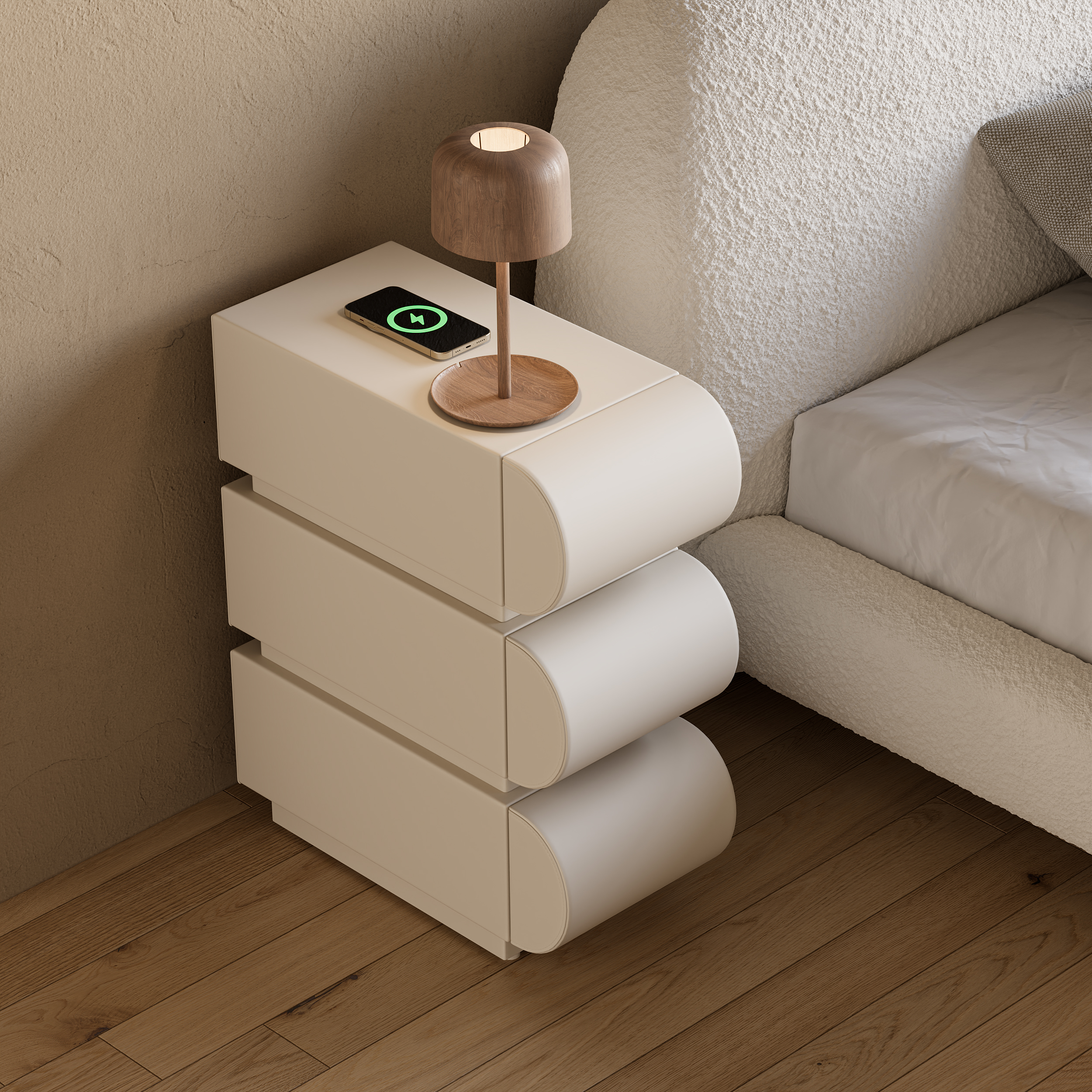 Narrow Modern White Leather Smart Bedside Table with Wireless Charger 3 Drawers Bedside Table with USB & Type-C Ports
