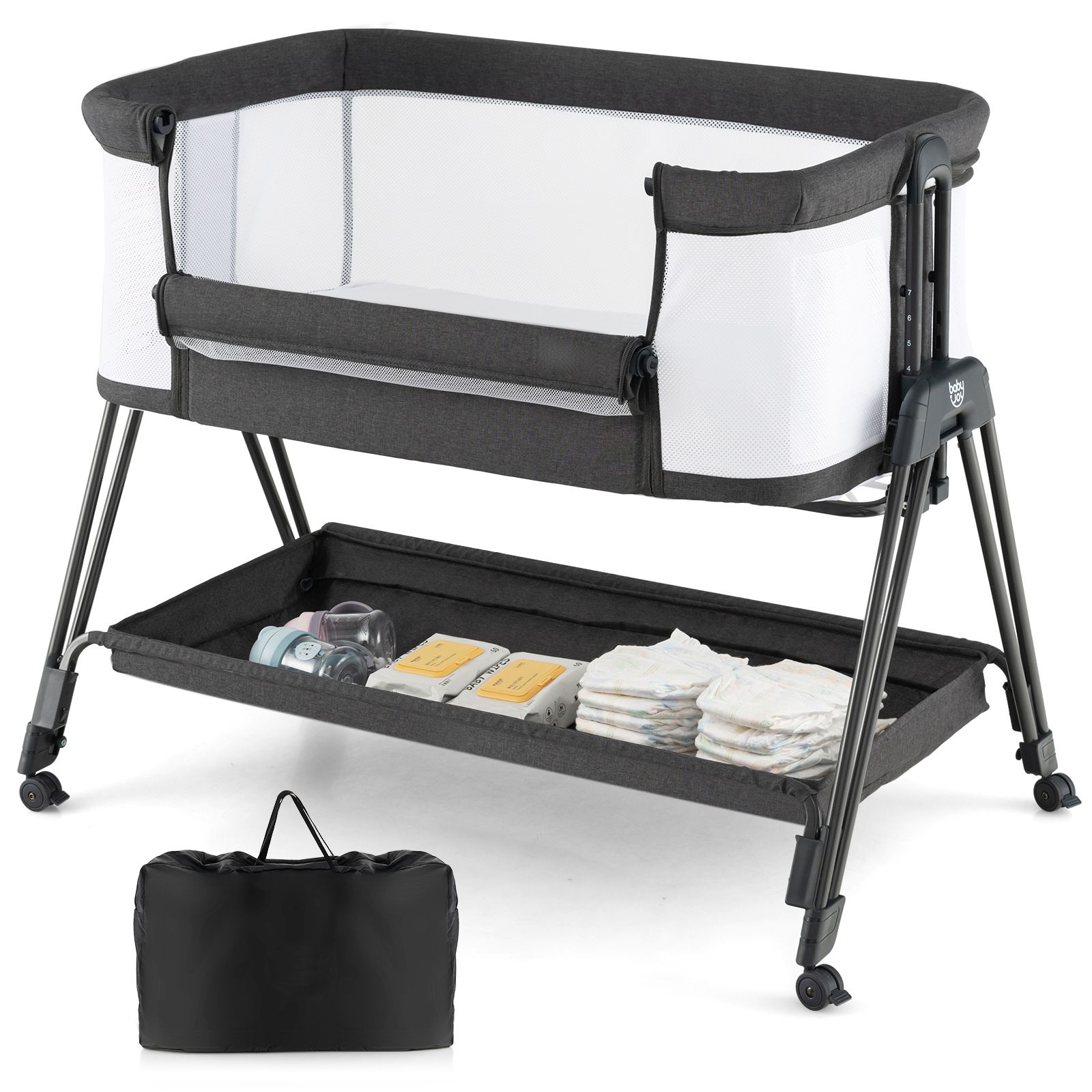 Costway Baby Bedside Crib Folding Sleeper Bassinet Cot Bed Portable 7 Adjustable Heights in Grey