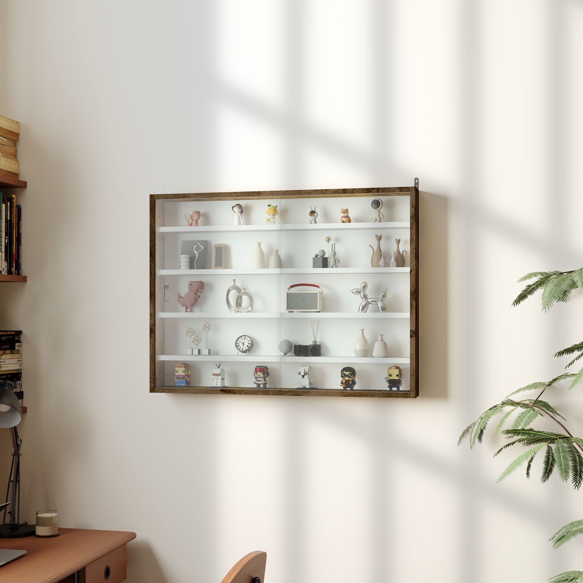 HOMCOM 5-Tier Wall Display Shelf Unit Cabinet w/ Shelves Glass Doors in Brown