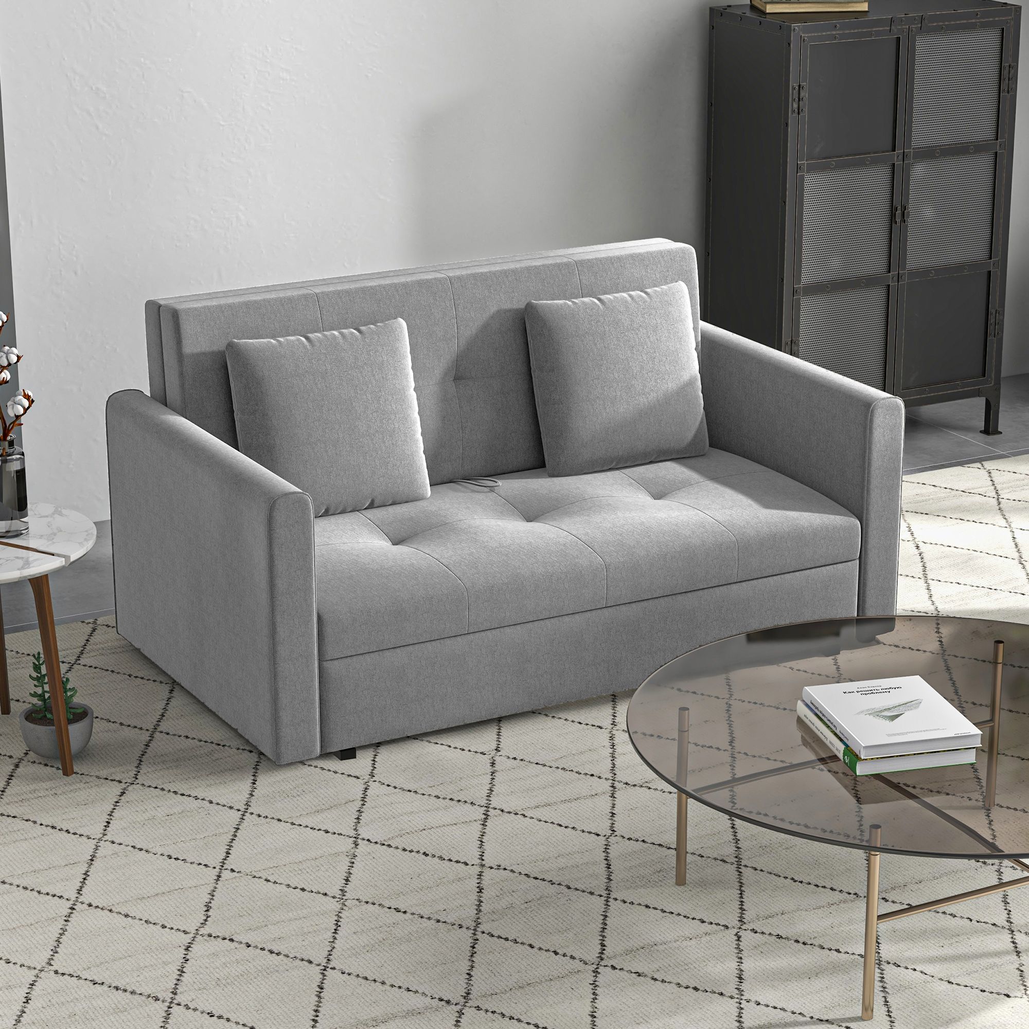 HOMCOM Convertible 2 Seater Sofa Bed with 2 Cushions Storage for Living Room in Grey