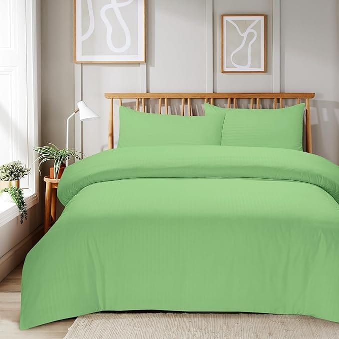 New Edge Blinds Mayfair Stripe Duvet Set in Natural - Double in Pale Green