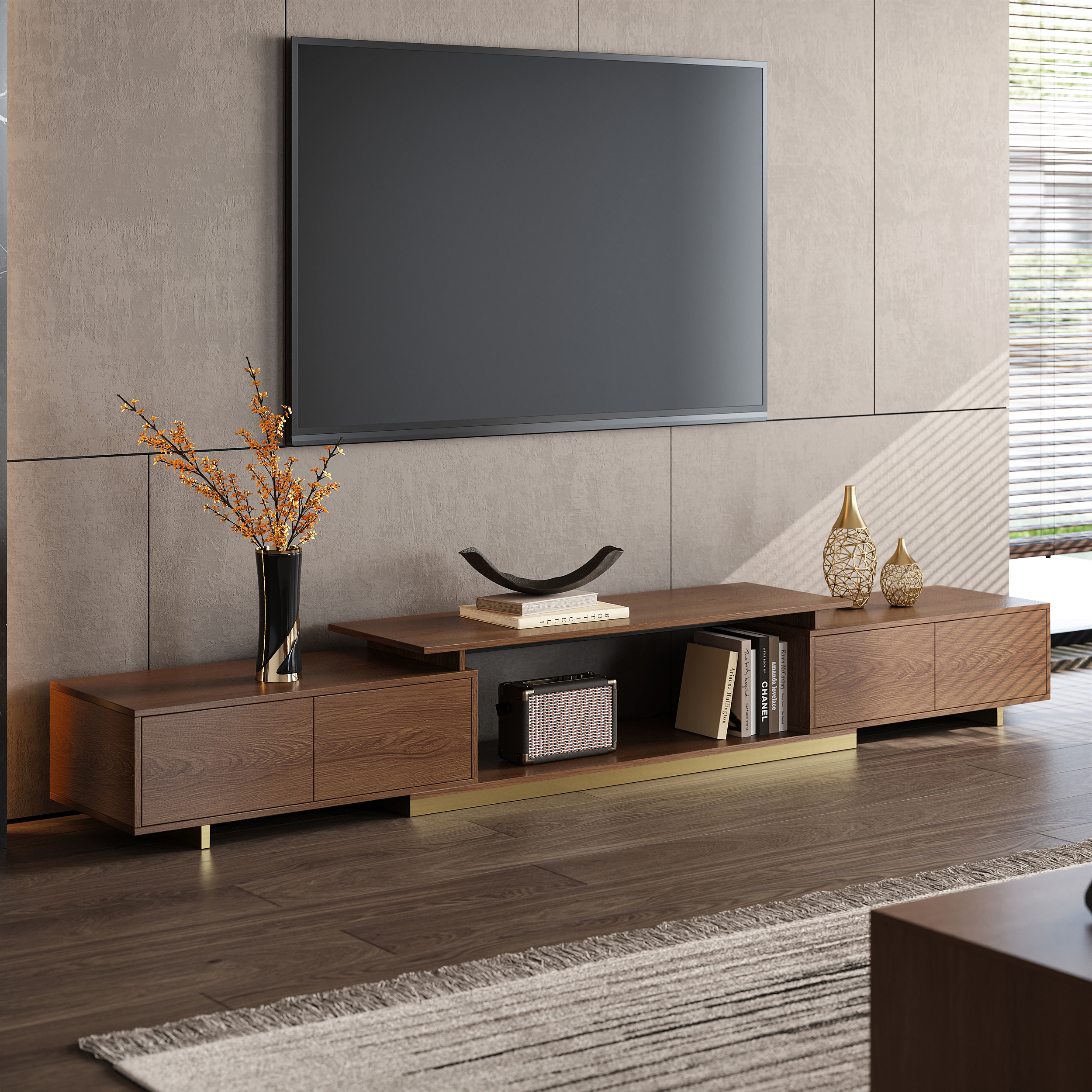 Mordel Modern Rectangle Glossy Walnut Extendable TV Stand Storage for 160 - 240 cm TV