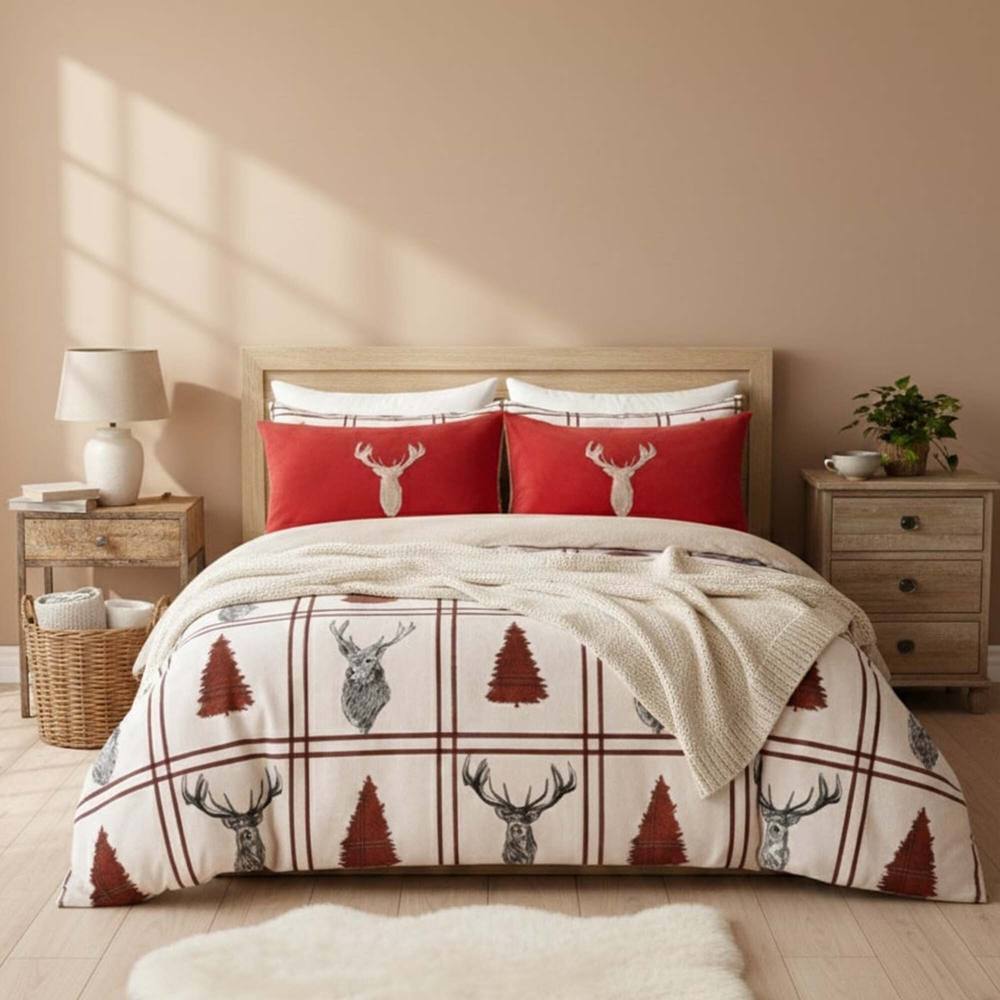Snug City Ultra Soft Teddy Duvet Cover Set Stag Christmas Cozy Fleece Bedding in Cream