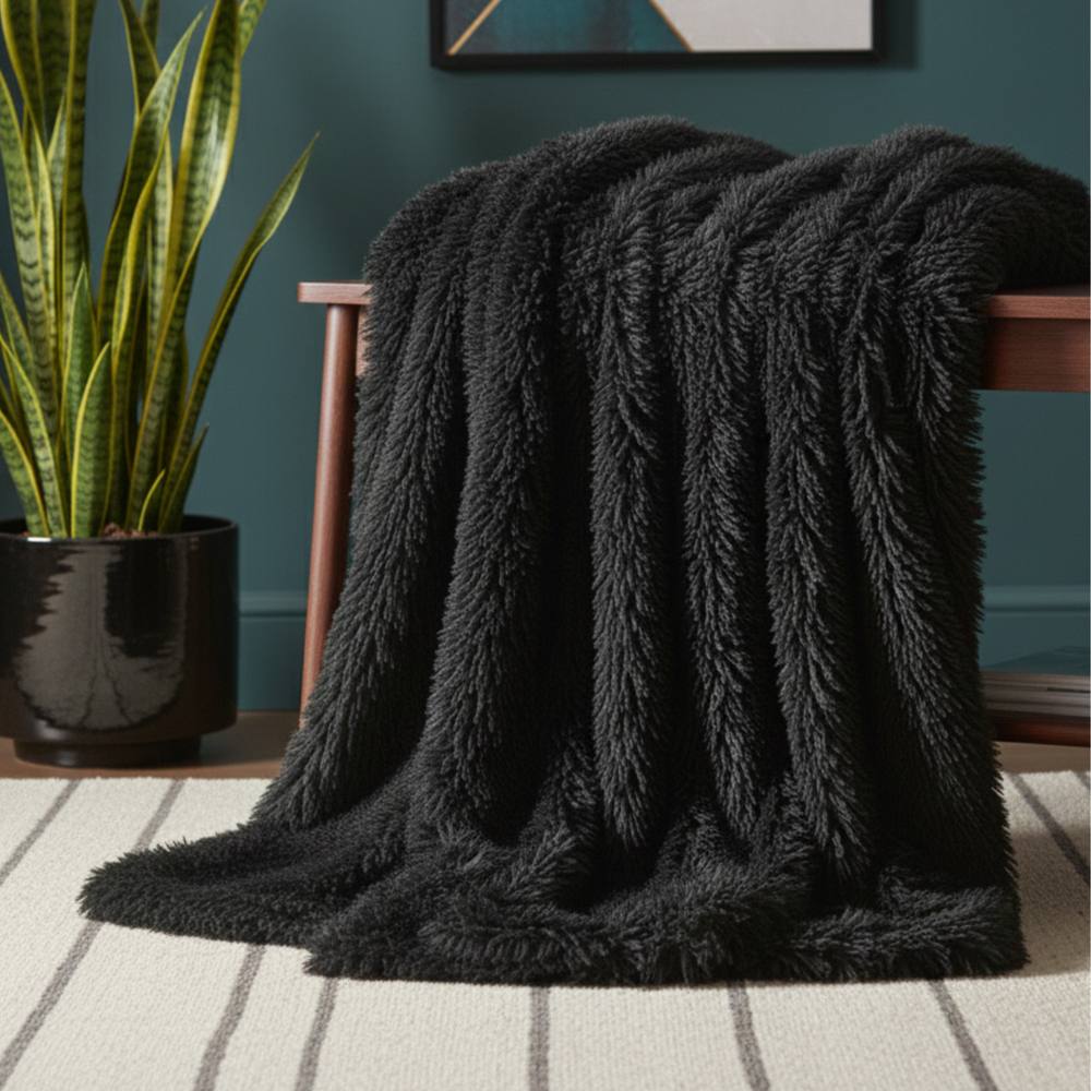 Snug City Cuddly Extra Fluffy Throw Ultra Soft Plush Blanket Sofa Bed Home Decor in Black