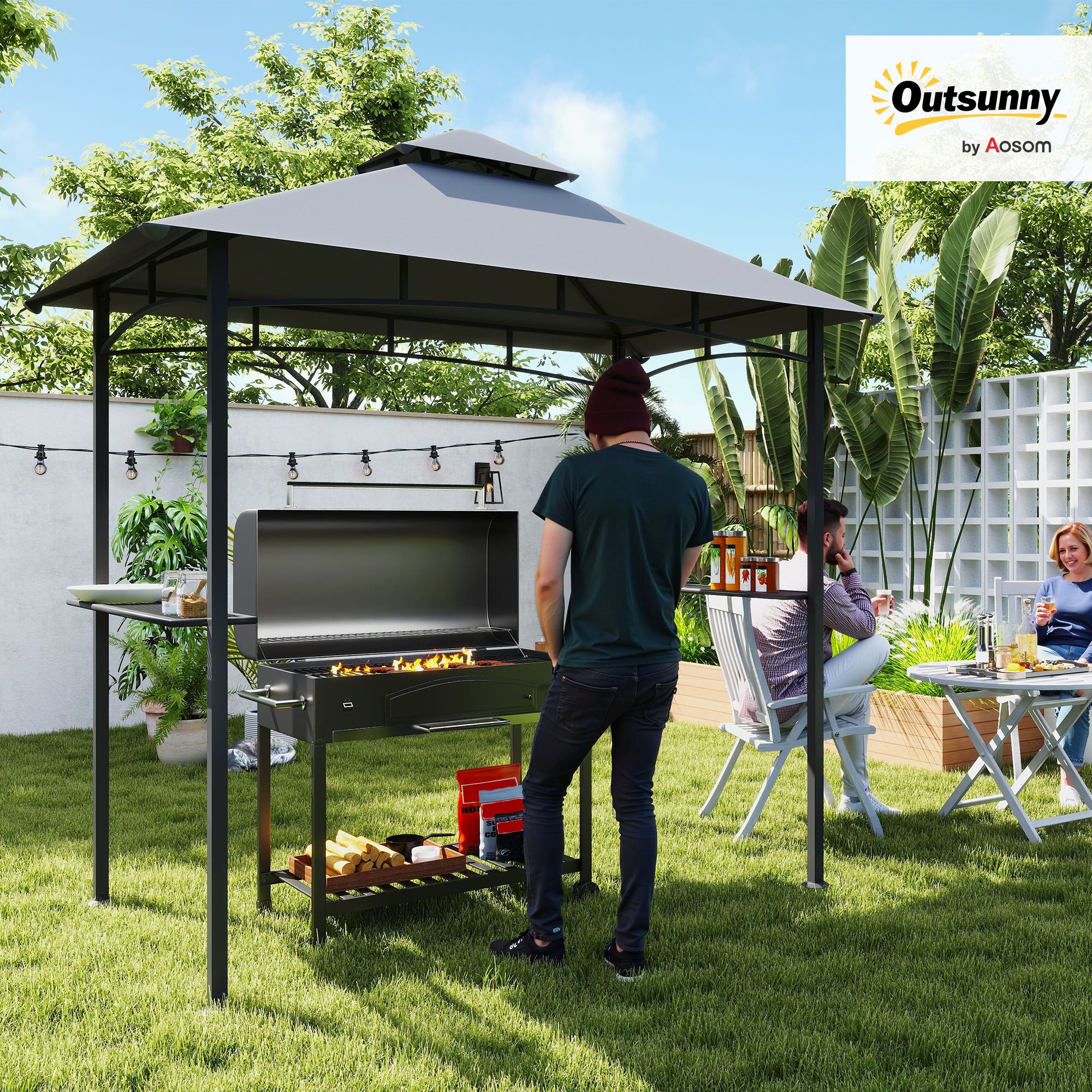 OUTSUNNY Outdoor Double-tier BBQ Gazebo Shelter Grill Canopy Barbecue Tent in Grey