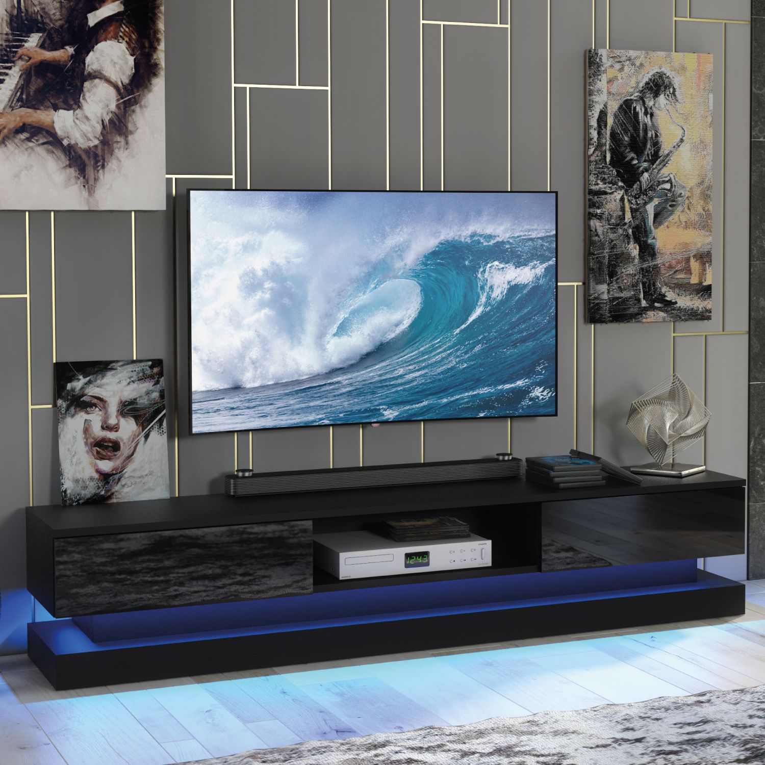 Creative Furniture Bloom TV Unit 180cm - A Functional & Contemporary Cabinet with Gloss Doors & LED Lights in Black