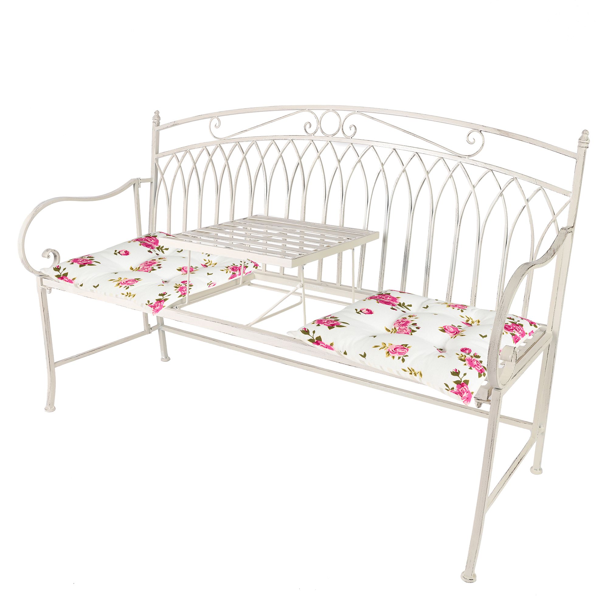 Dibor Vintage Large Cream Arched Outdoor Garden Furniture Companion Seat Bench with Free Set of 2 Pink Seat Pad Cushions