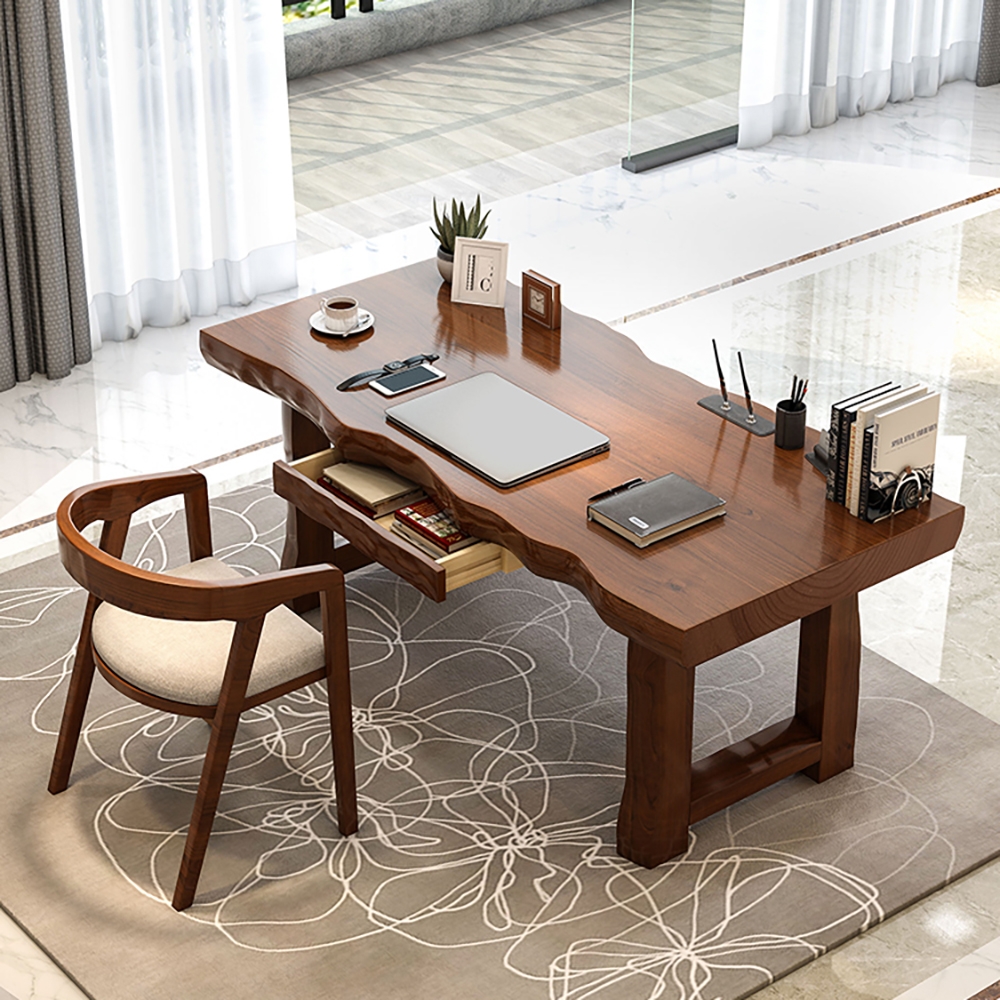 1800mm Rustic Natural Executive Office Desk with Drawer Storage Rubber Wood Desk