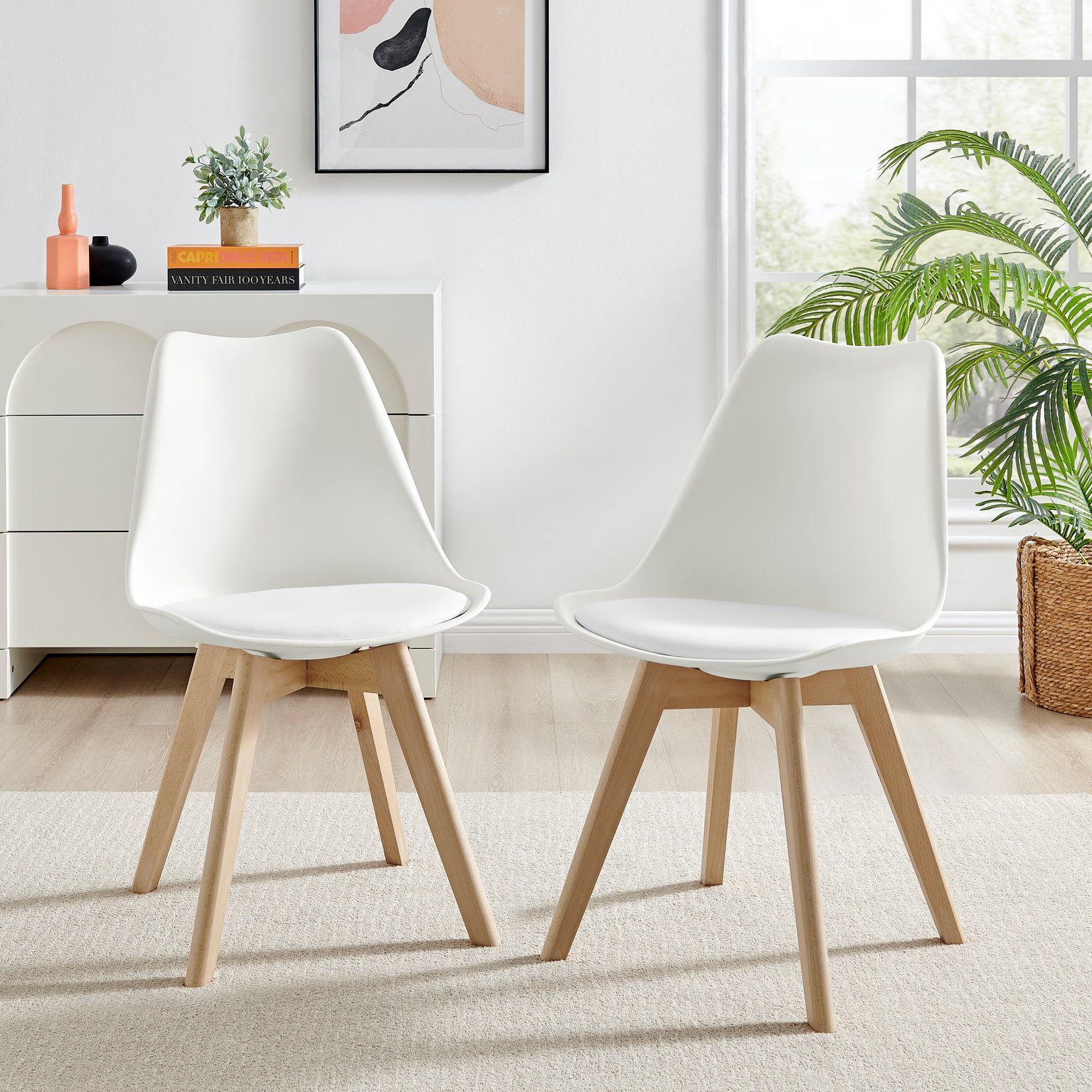 FurnitureboxUK Set of 2 Stockholm Natural Birch Wood Scandi Minimalist Dining Chairs with Faux Leather Cushion in White