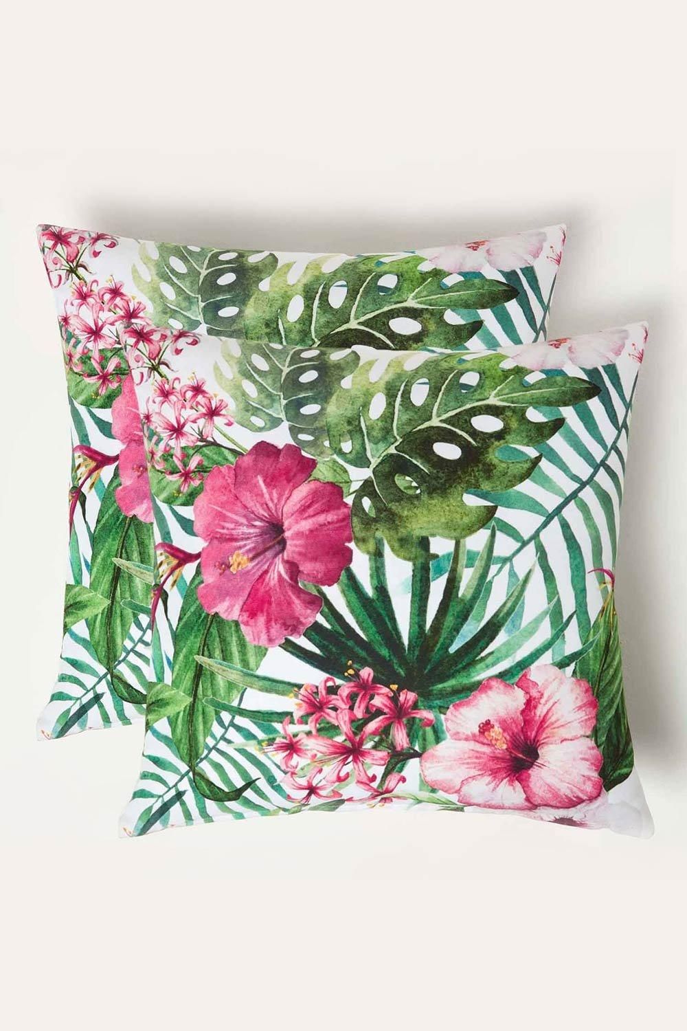 Homescapes Luxury Waterproof Botanical Flower Outdoor Cushion 45 x 45 cm, Set of 2 in Green