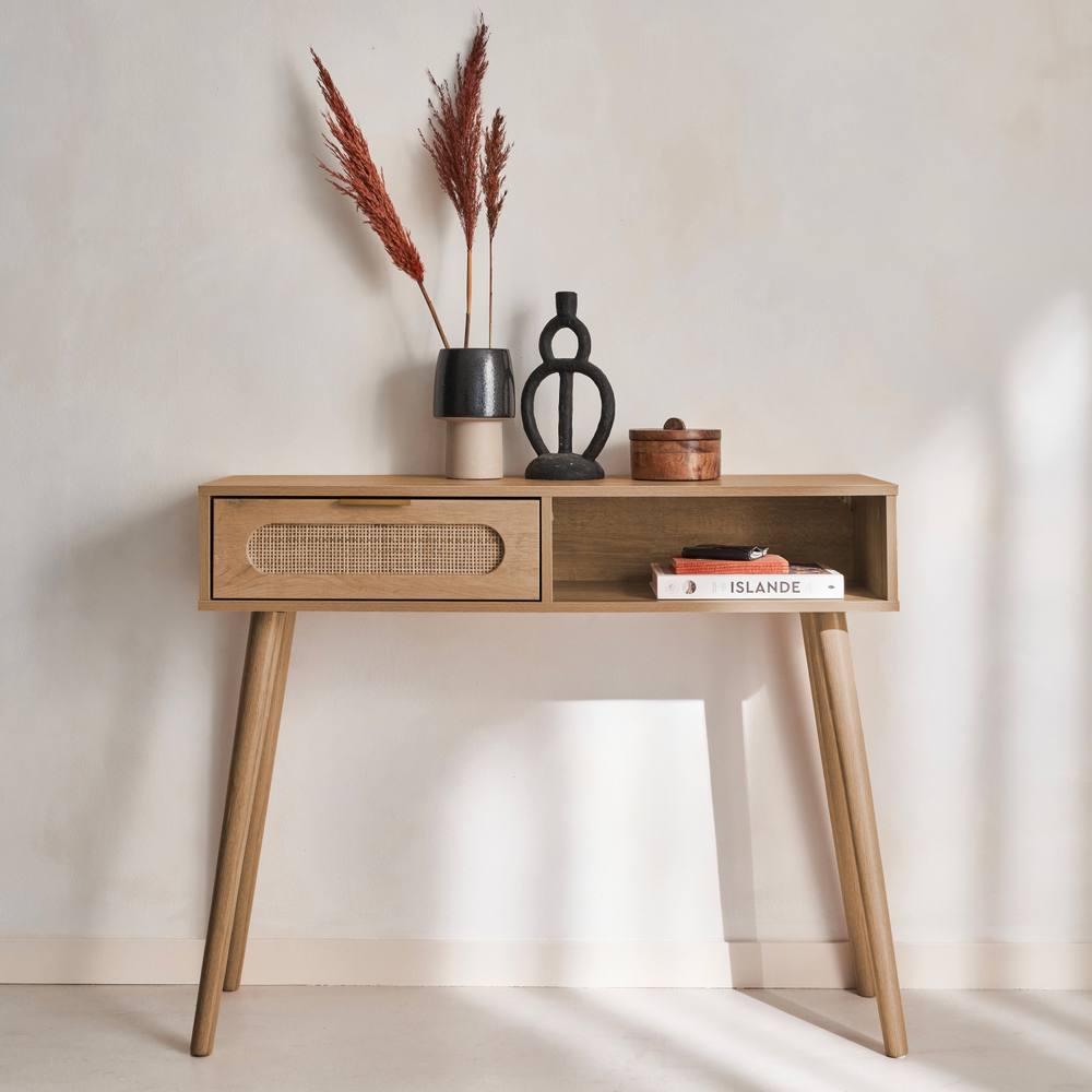 sweeek 100cm Wood & Cane Rattan Console Table in Light Brown