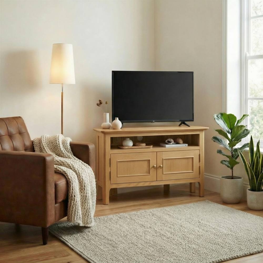 FurnitureboxUK Belle Oak Wood Corner TV Stand in Light Brown