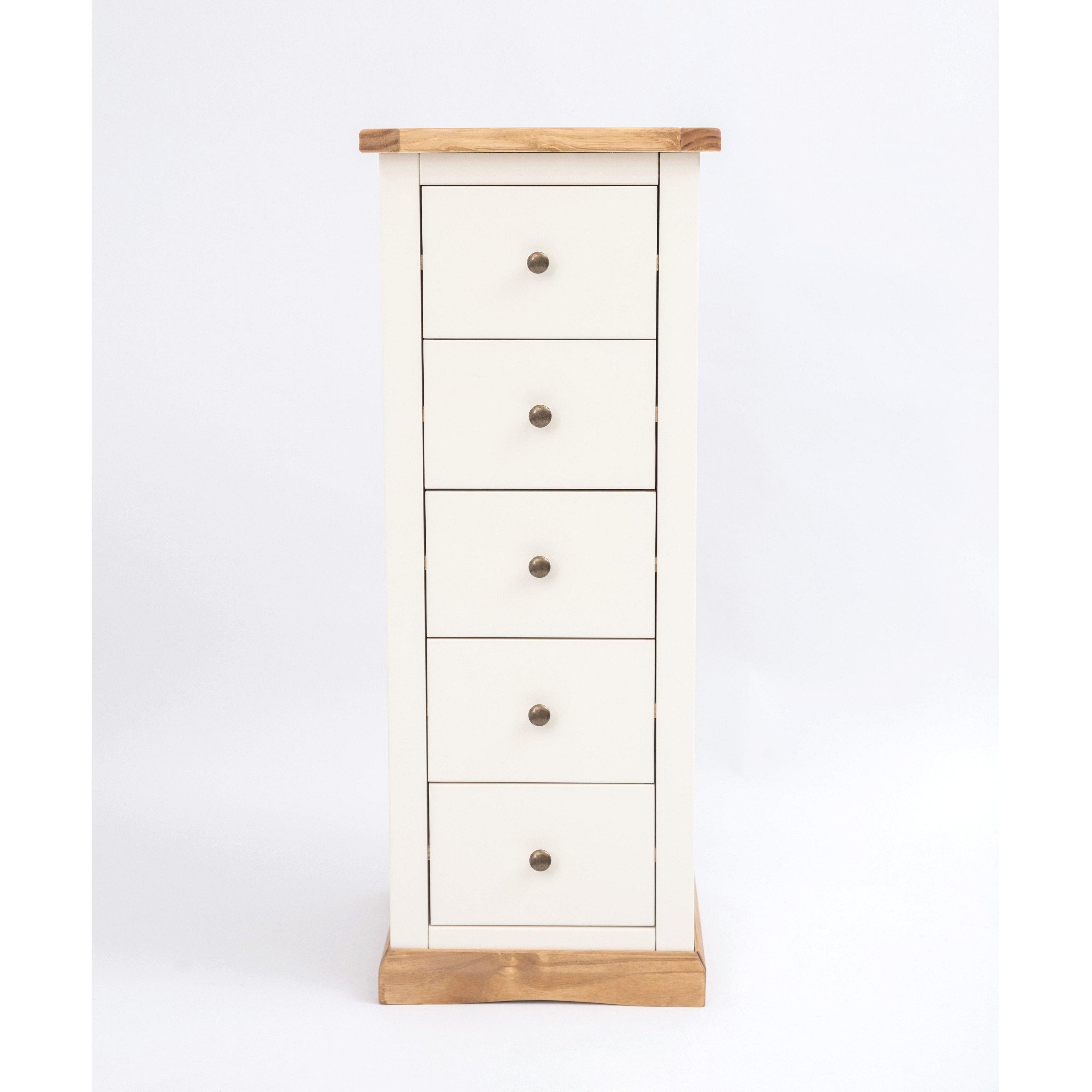 Cabinet Bits Trevi 5 Drawer Narrow Chest of Drawers Brass Knob in Off-White