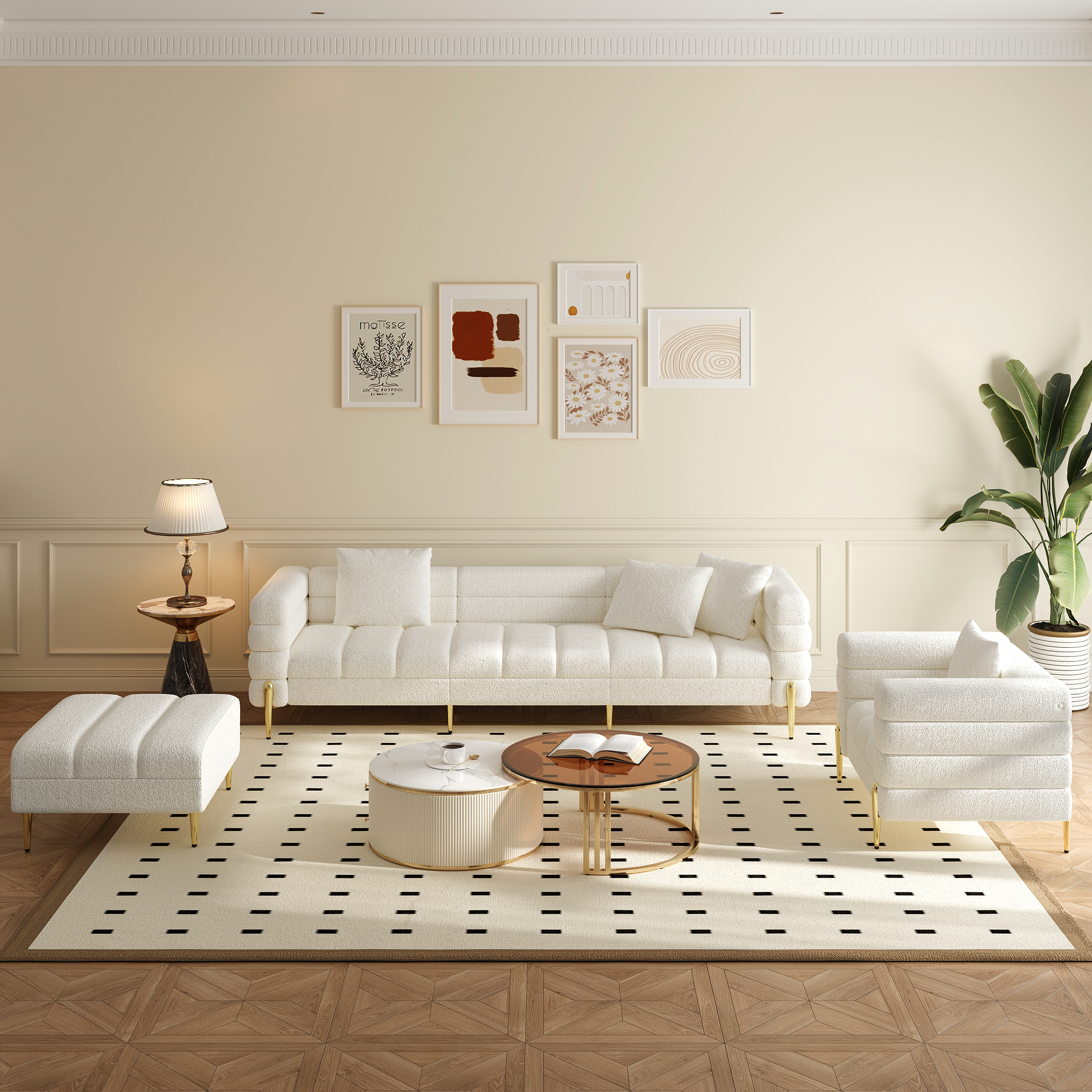 White Boucle Accent Chair Modern Modular Armchair 2591 mm Boucle Modular 4-Piece L-Shaped Couch with Chaise Modern White 3-Seater Sofa