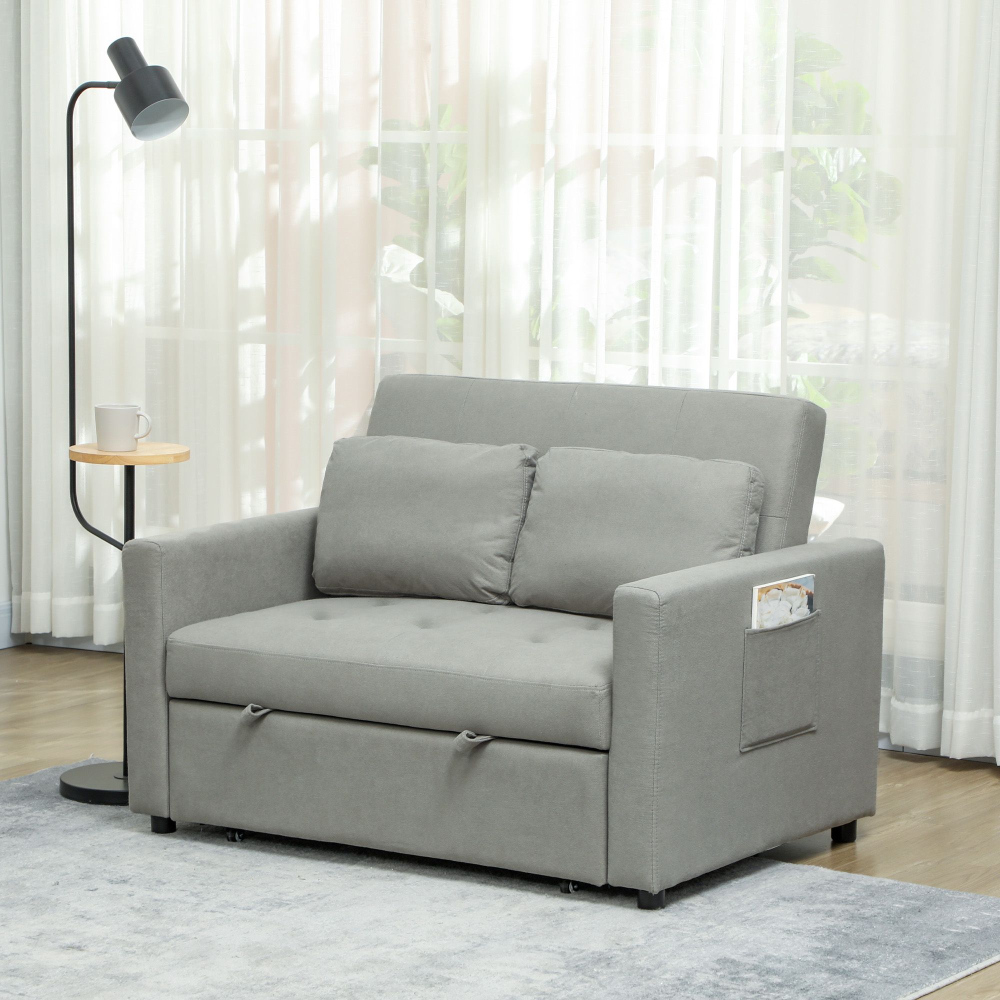 HOMCOM 2 Seater Sofa Bed Convertible Bed Settee with Pillows, Light Grey