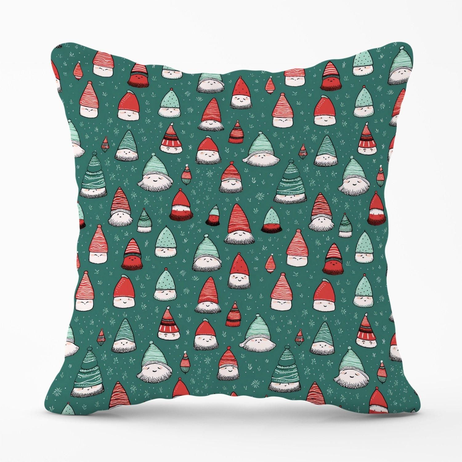 Warren Reed - Designer Hand Drawn Joyful Santa Hats Outdoor Cushion in Green