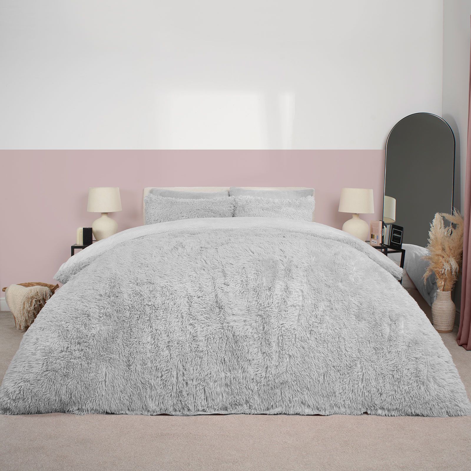 OHS Teddy Duvet Cover Set Bedding Soft Fleece Faux Fur Shaggy in Silver