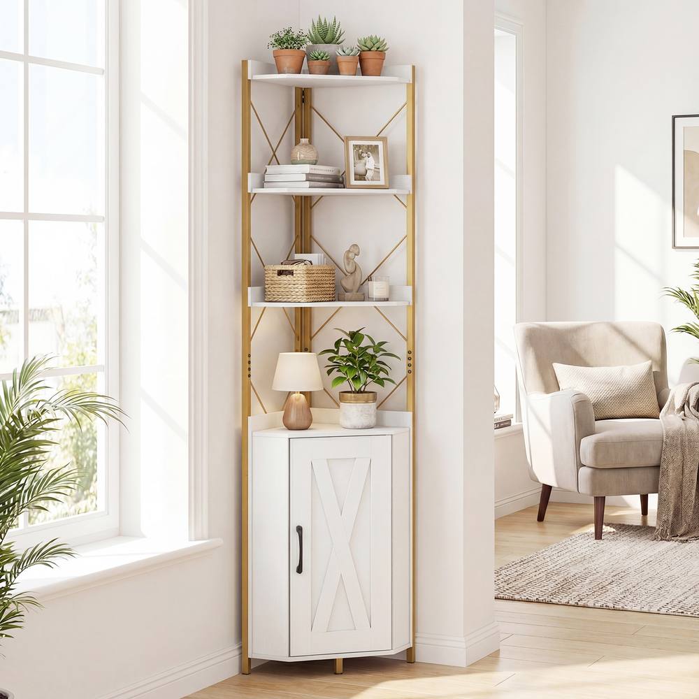 Costway Modern Corner Shelf 180cm Tall Corner Cabinet Bookshelf Display Rack in White