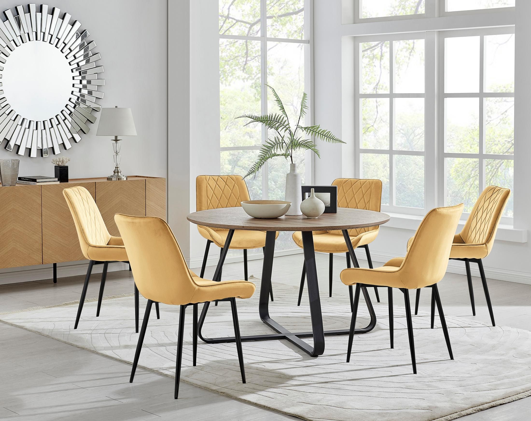 FurnitureboxUK Santorini Brown Round Dining Table & 6 Pesaro Black Leg Chairs in Mustard