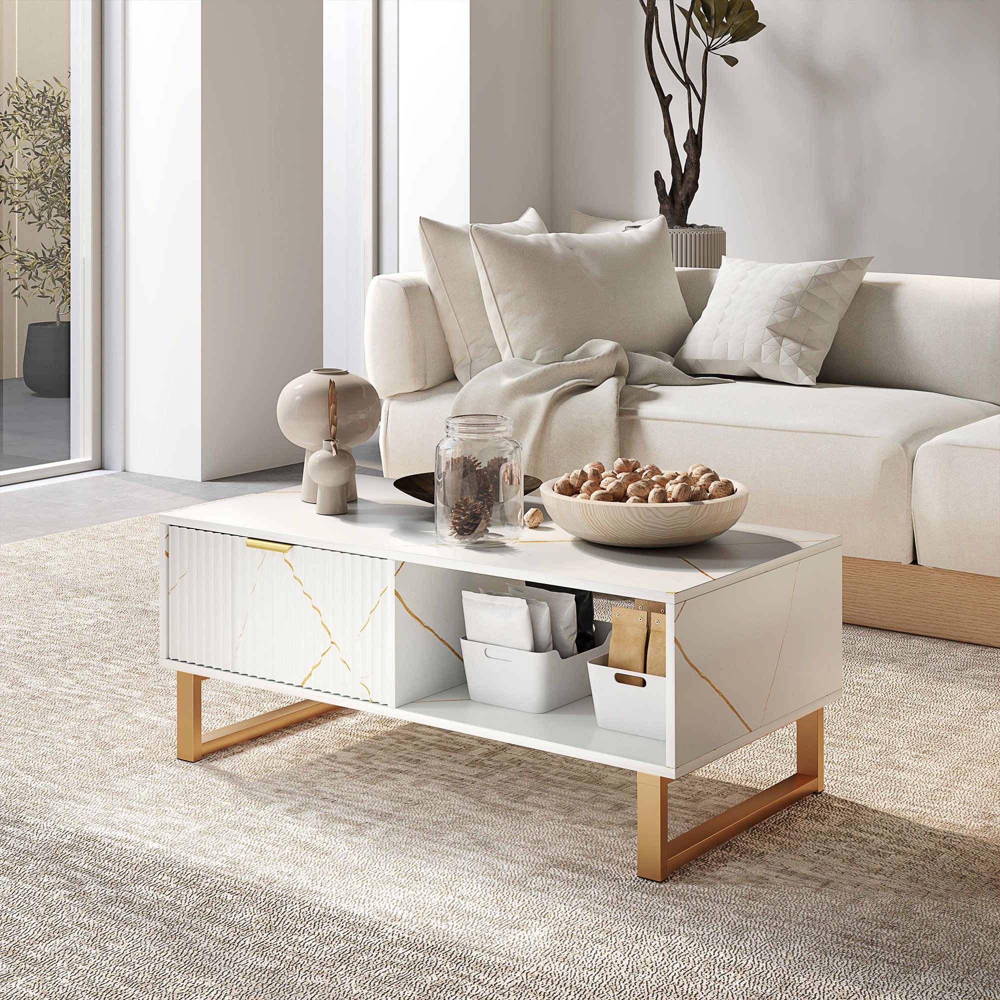 HOMCOM Coffee Table, Living Room Table with Drawer & Open Shelves in White