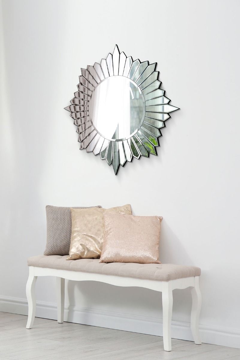 MirrorOutlet Sunburst All Glass Modern Design Round Mirror 80 x 80 CM in Silver