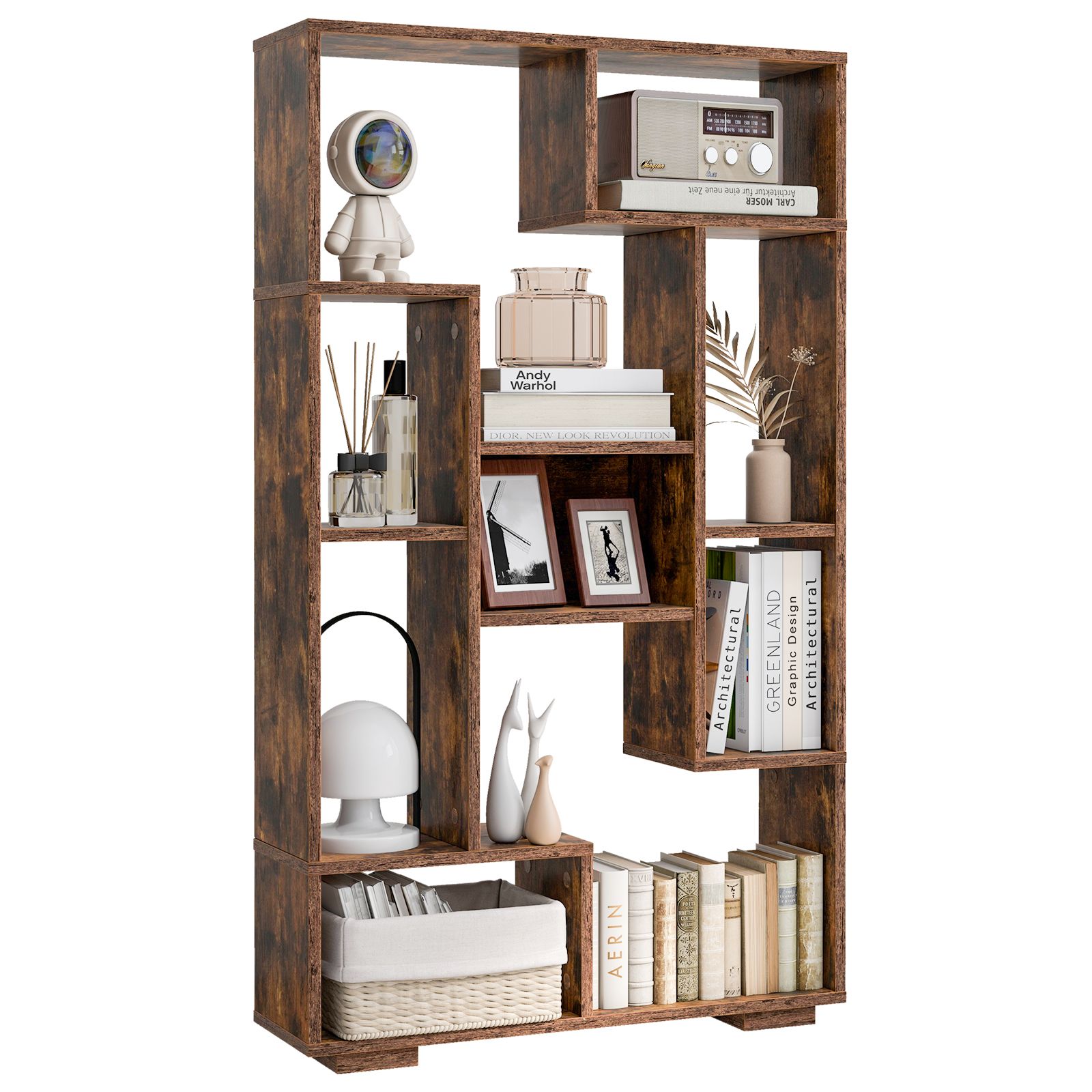 Costway Modern Geometric Bookcase Book Storage Organizer Shelf 120cm Tall Bookshelf in Brown