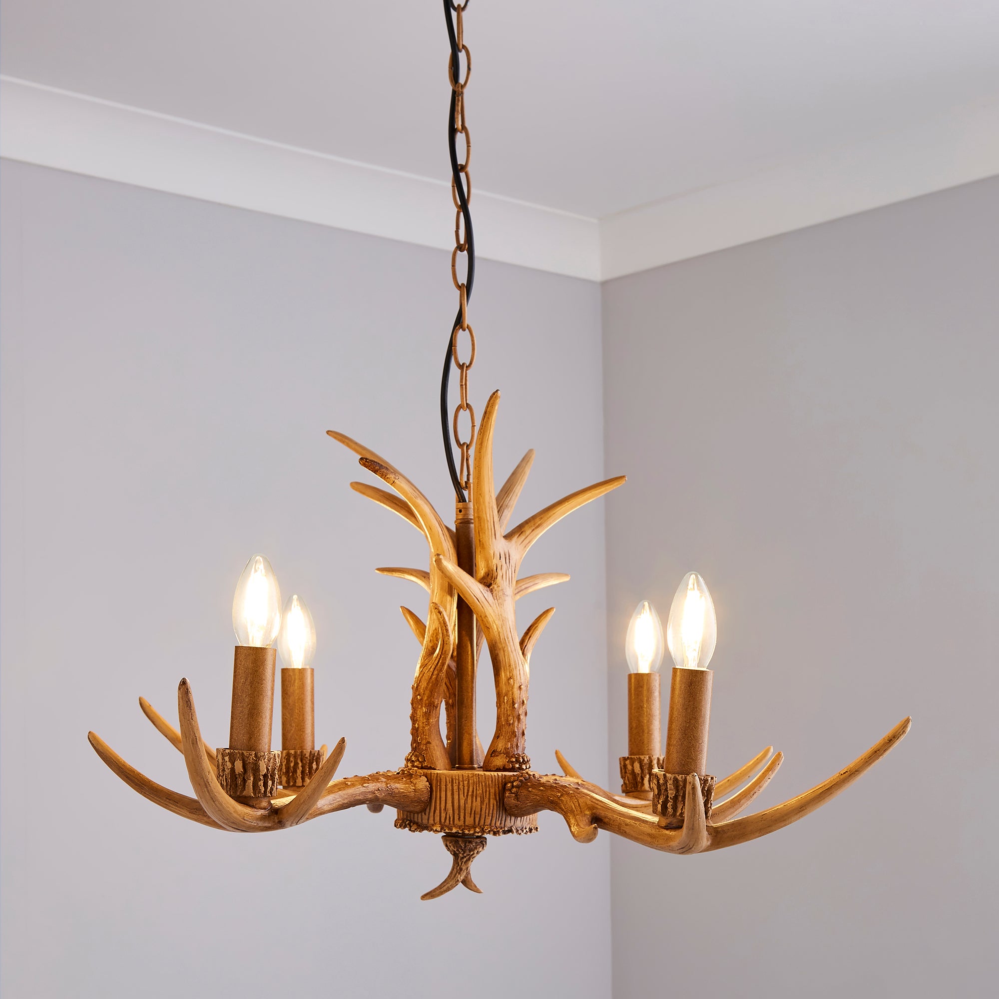 Antler 4 Light Candelabra Wood Effect Ceiling Fitting Brown