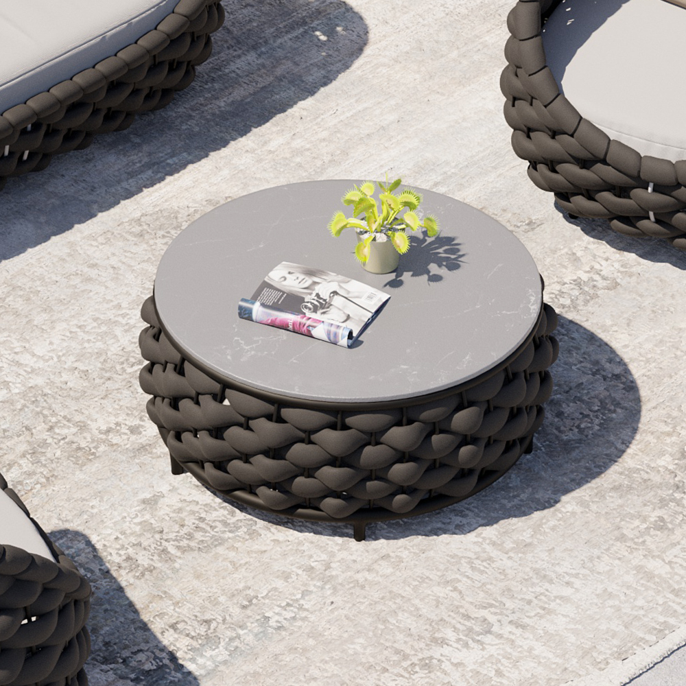 Cocaro Modern Faux Marble Top Round Outdoor Coffee Table with Woven Rope Base in Black