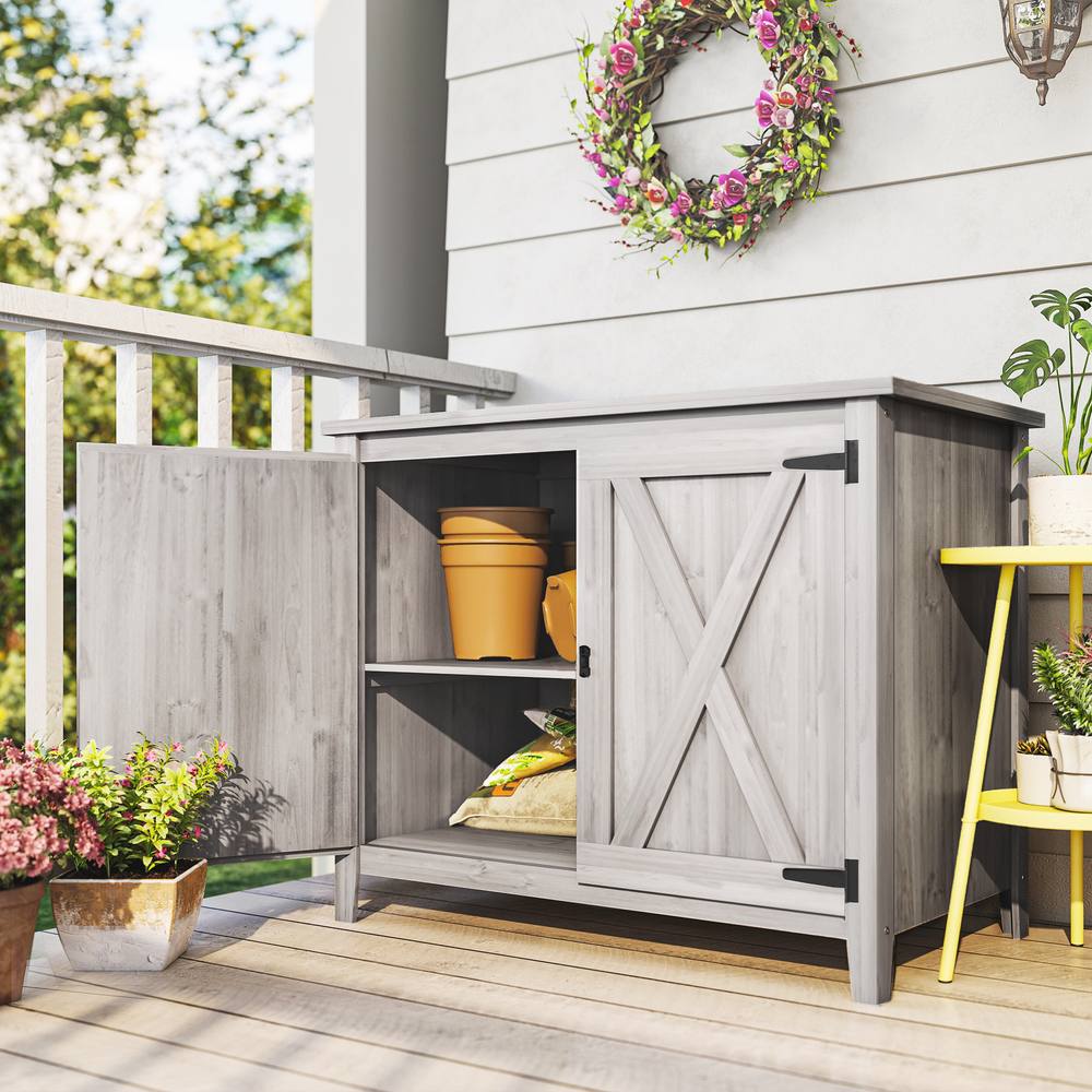 OUTSUNNY Wooden Garden Shed Tool Cabinet 110 x 60 x 88.5 cm, Light Grey