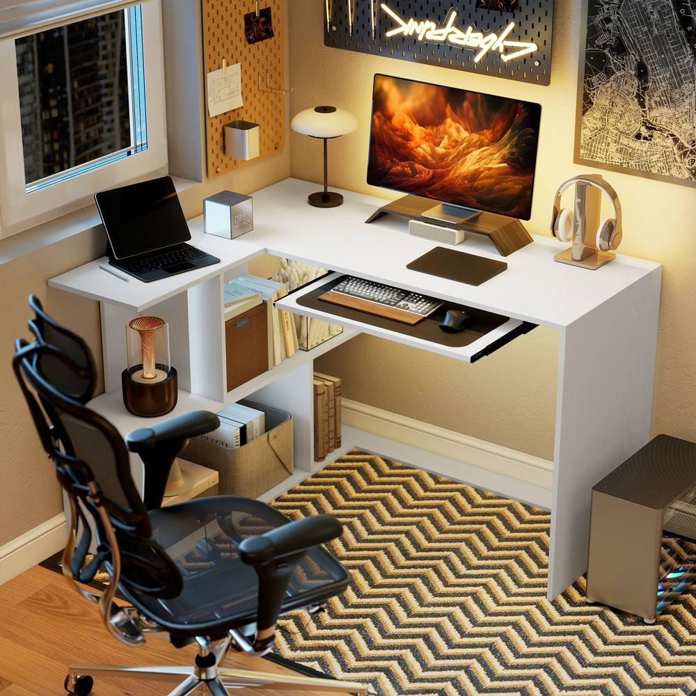 HOMCOM L-Shaped Corner Desk with Keyboard Tray & Open Shelves, White