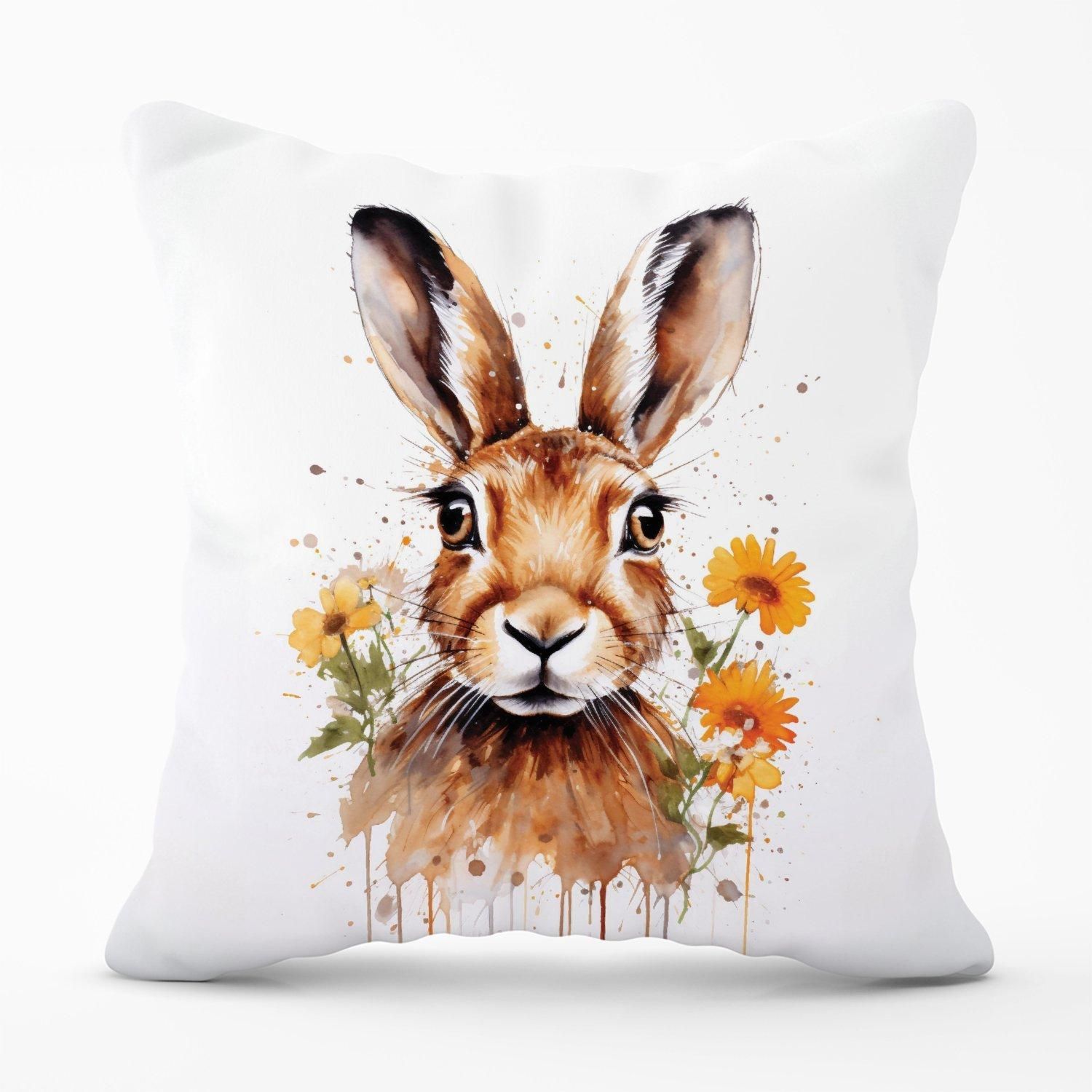 Warren Reed - Designer Watercolour Hare & Daisies Outdoor Cushion in Orange