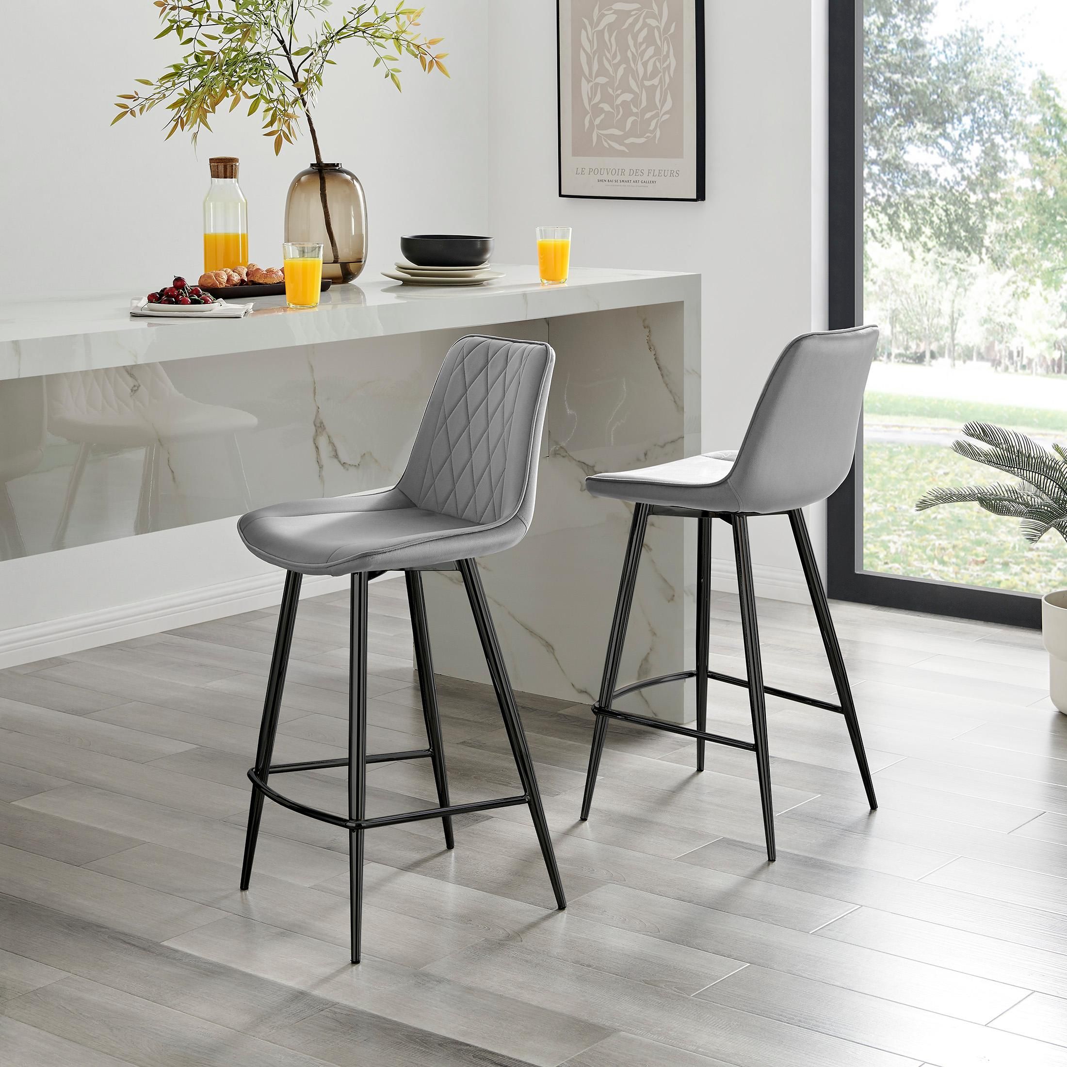 FurnitureboxUK Pesaro Set of 2 Velvet Black Legs Counter Stools in Grey