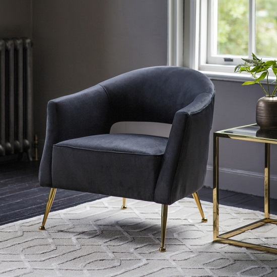 Gerania Velvel Arm Chair In Black With Gold Metal Legs