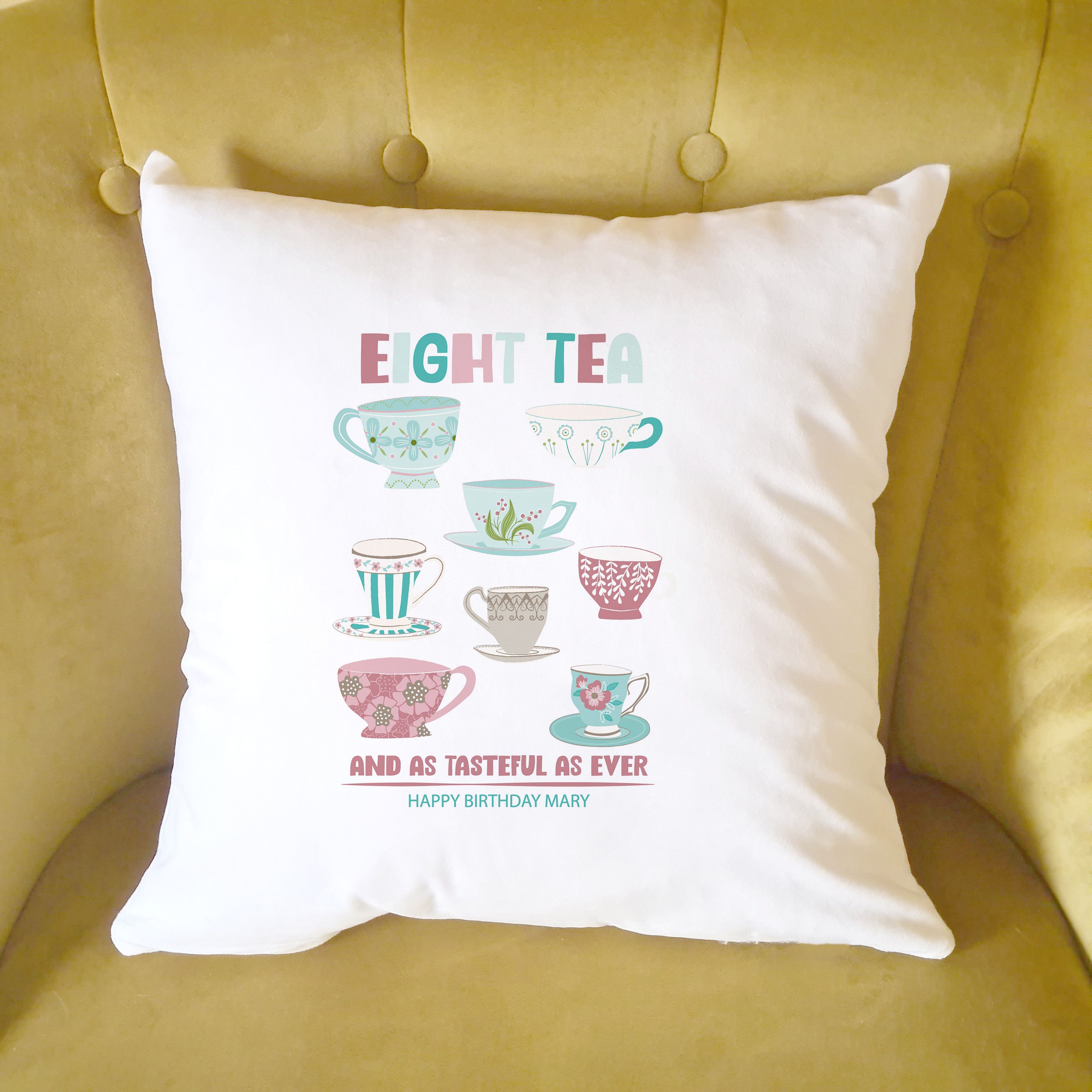 Afewhometruths Personalised 80th Birthday Gift Cushion for Tea Lover in White