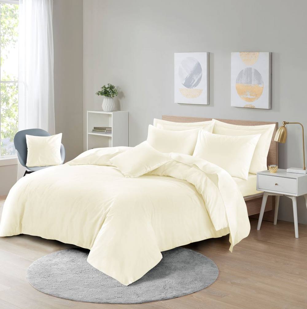 Homes-Linen Plain Dyed Polycotton Duvet Cover Set with Pillowcases in Cream