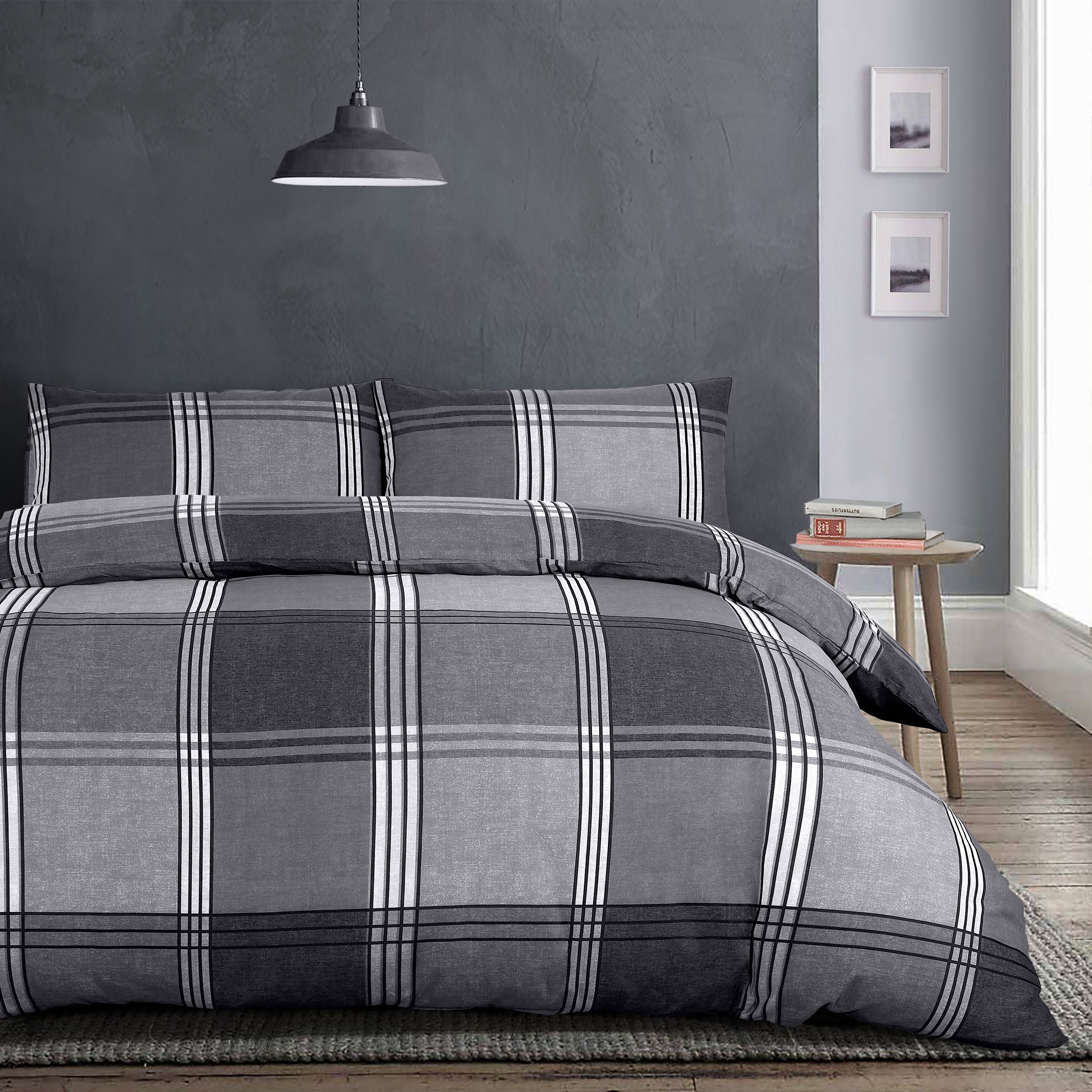 Velosso Hamilton Check Cotton Rich Printed Duvet Cover & Pillowcase Set in Grey
