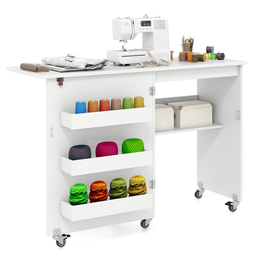 Costway Folding Sewing Table Mobile Sewing Machine Desk Rolling Craft Station in White