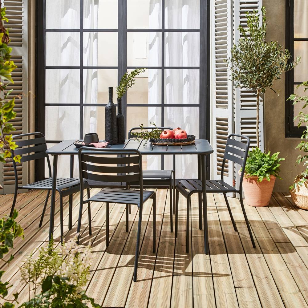 sweeek 4-seater Rectangular Steel Garden Table With 4 Chairs in Dark Grey